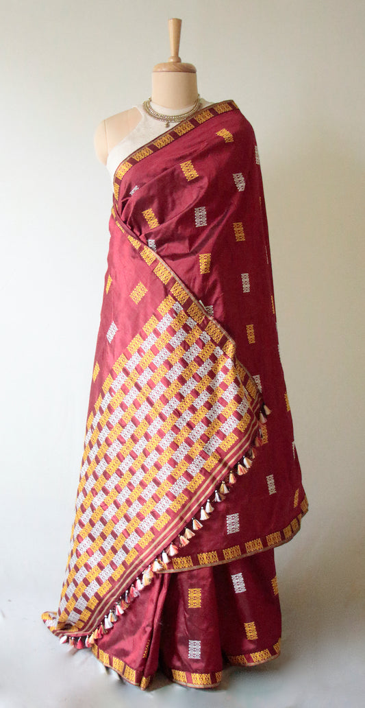 Maroon Handloom Mulberry Silk  Sari from Assam