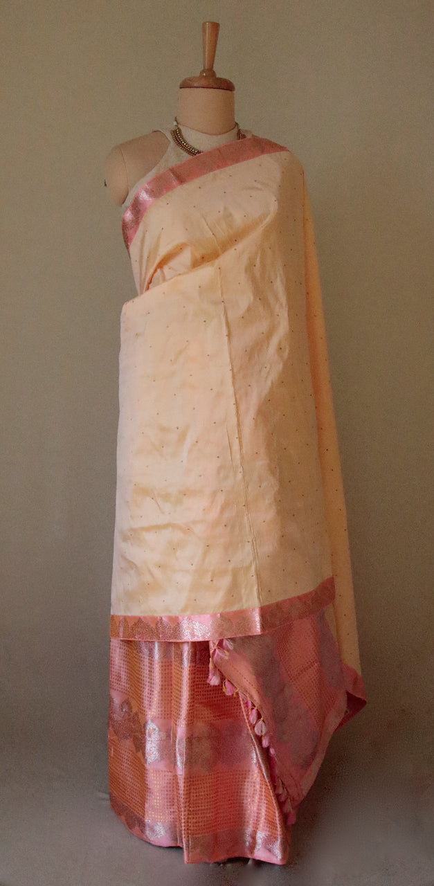 Light Peach Traditional Pure Silk Mekhela Chador Set from Assam