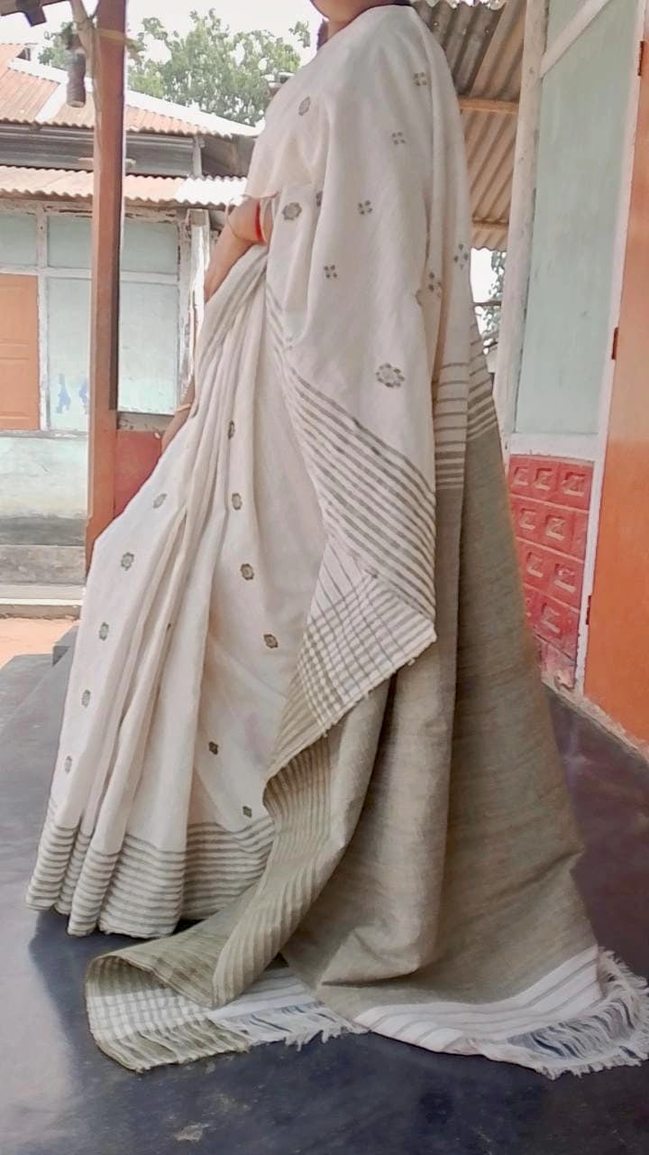 Handwoven Natural Colour Hand Spun  Eri Silk Sari from Assam