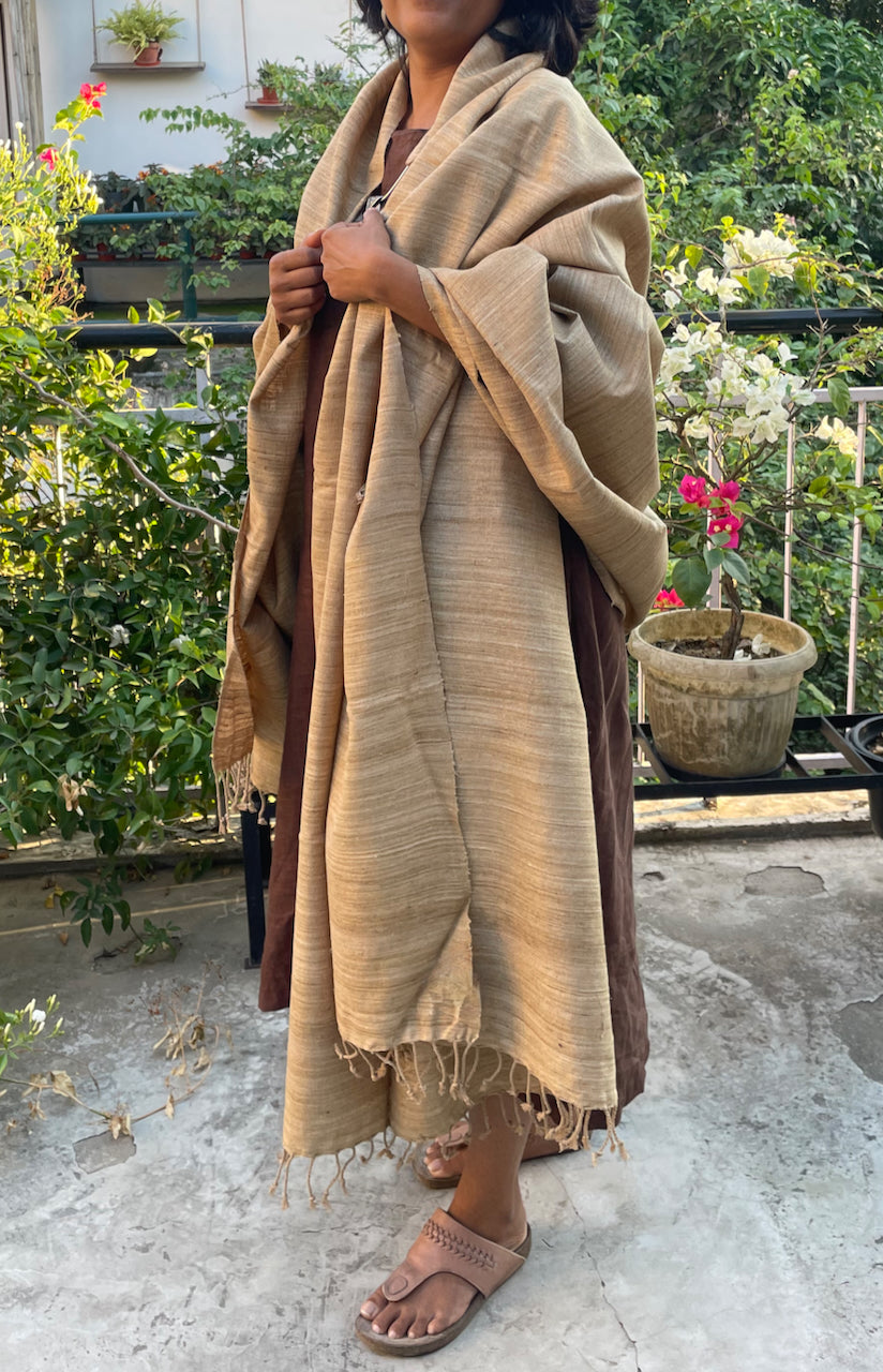 Extra Large Handwoven Hand spun Muga Ghicha Silk Shawl from Assam