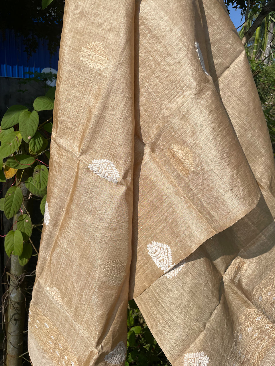 Handloom Muga Silk Wrap / Stole / Scarf with natural Colour Eri Silk Motifs from Assam