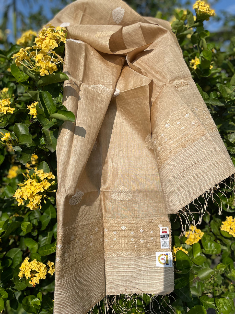 Handloom Muga Silk Wrap / Stole / Scarf with natural Colour Eri Silk Motifs from Assam