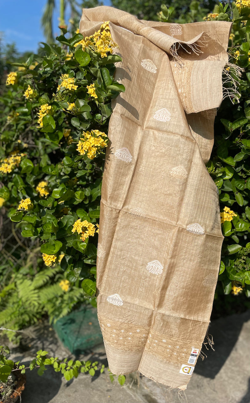 Handloom Muga Silk Wrap / Stole / Scarf with natural Colour Eri Silk Motifs from Assam