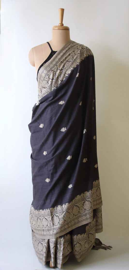 Dark Grey Handloom Eri Silk Saree  Assam