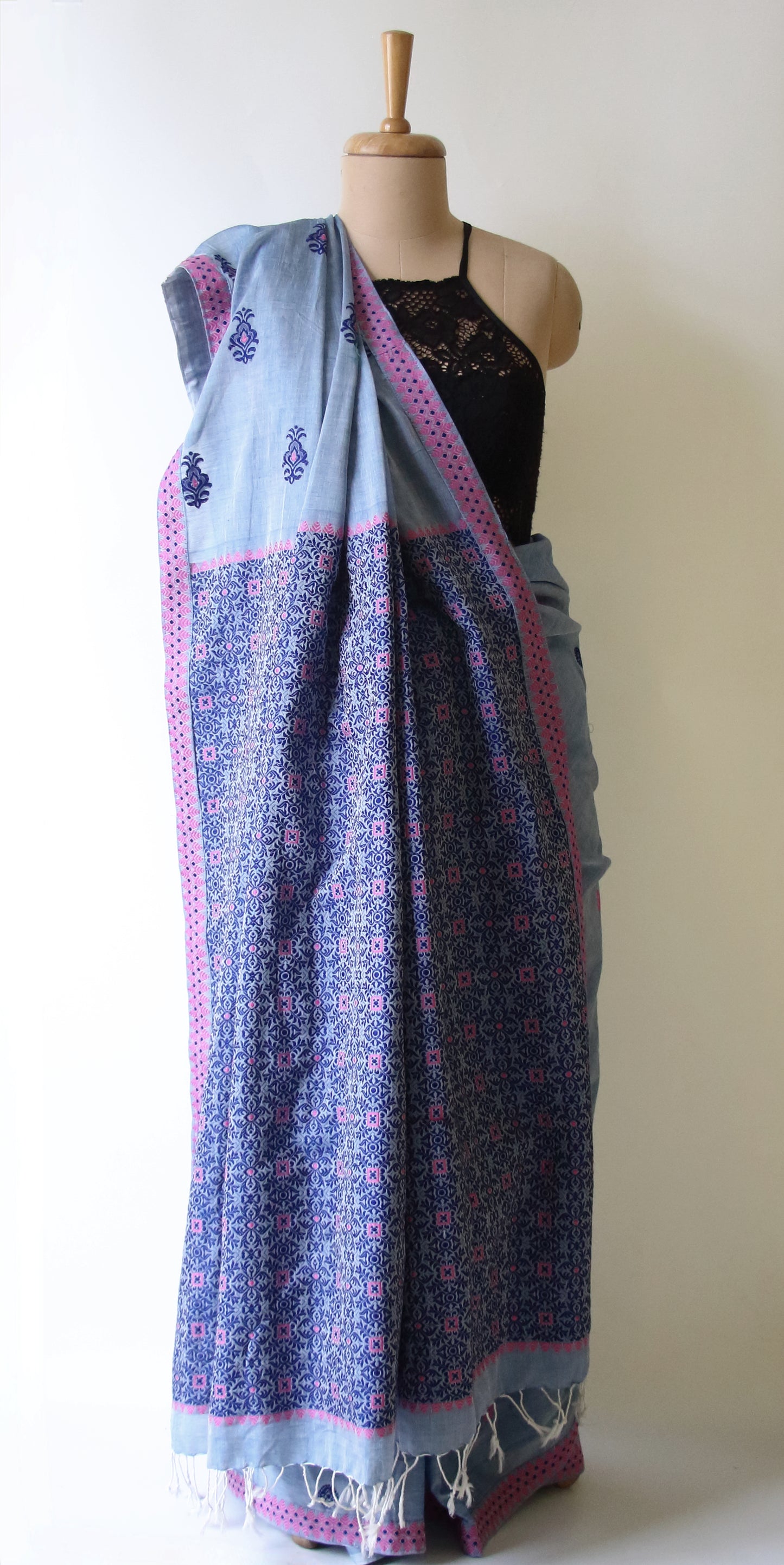 Soft Blue Handloom Cotton Saree from Assam