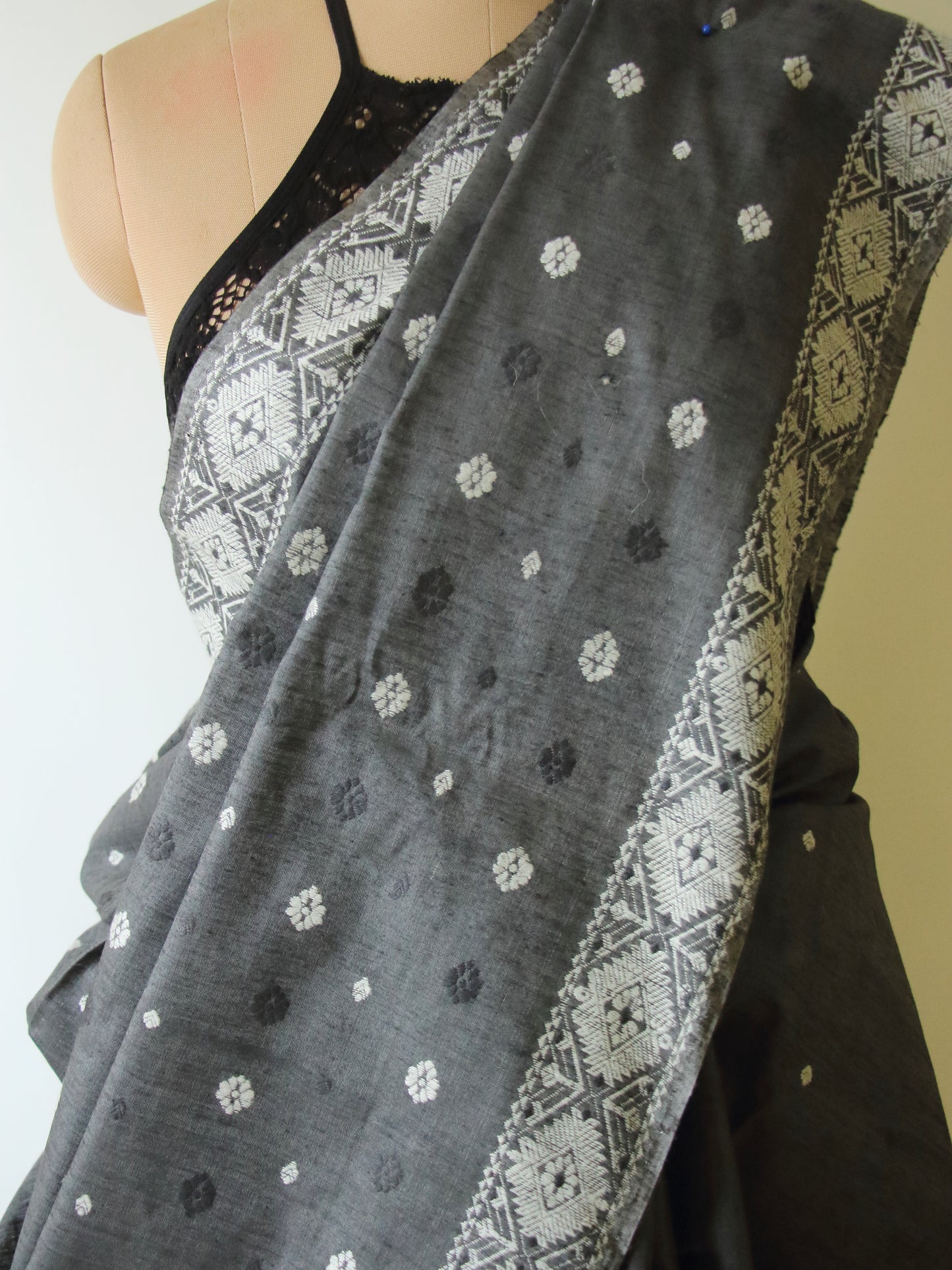 Natural Dyed Dark Grey Handloom Eri Silk / Mulberry Silk Sari from Assam