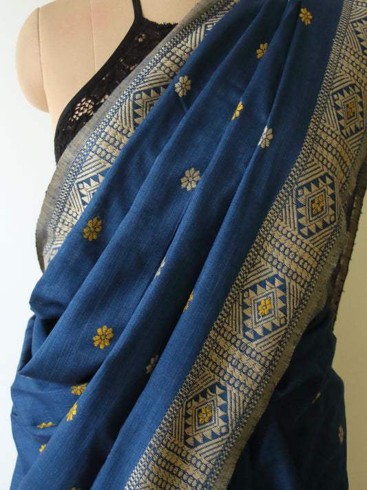 Natural Dyed Indigo Handloom Eri Silk  Sari from Assam