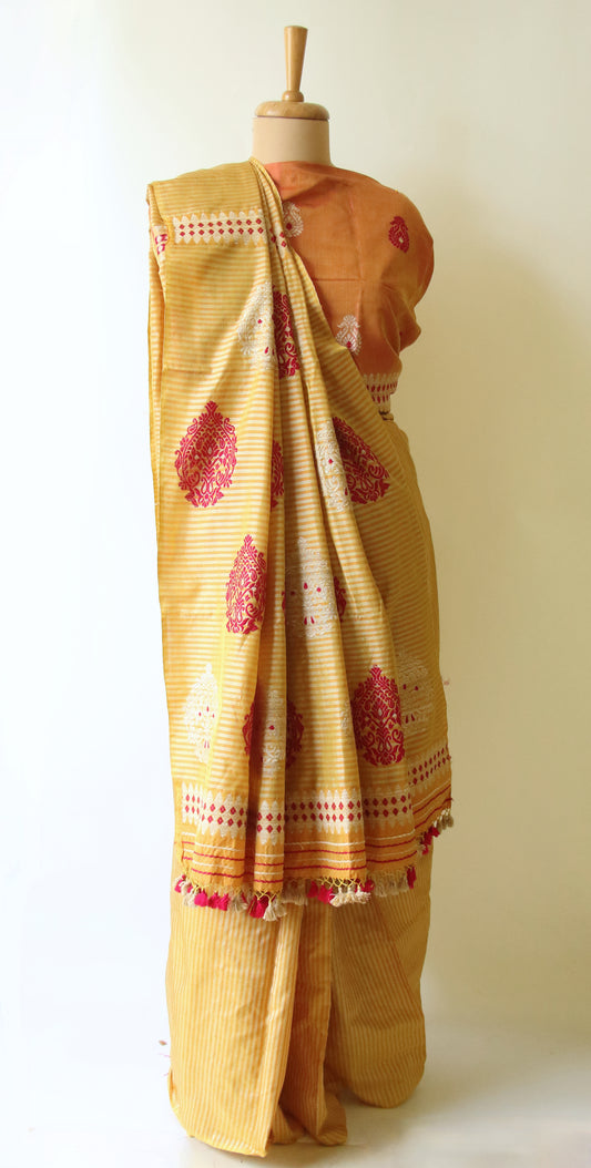 Orange Yellow Handloom Modal by Silk Saree from Assam