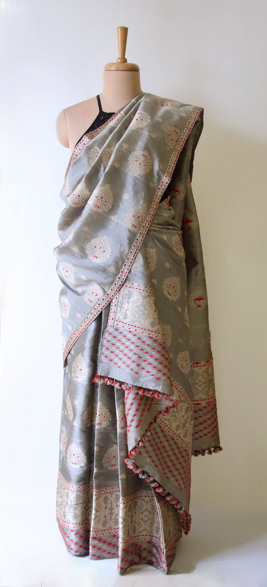 Dull Grey Mulberry Silk by Tassar Silk Mekhla Chador Set