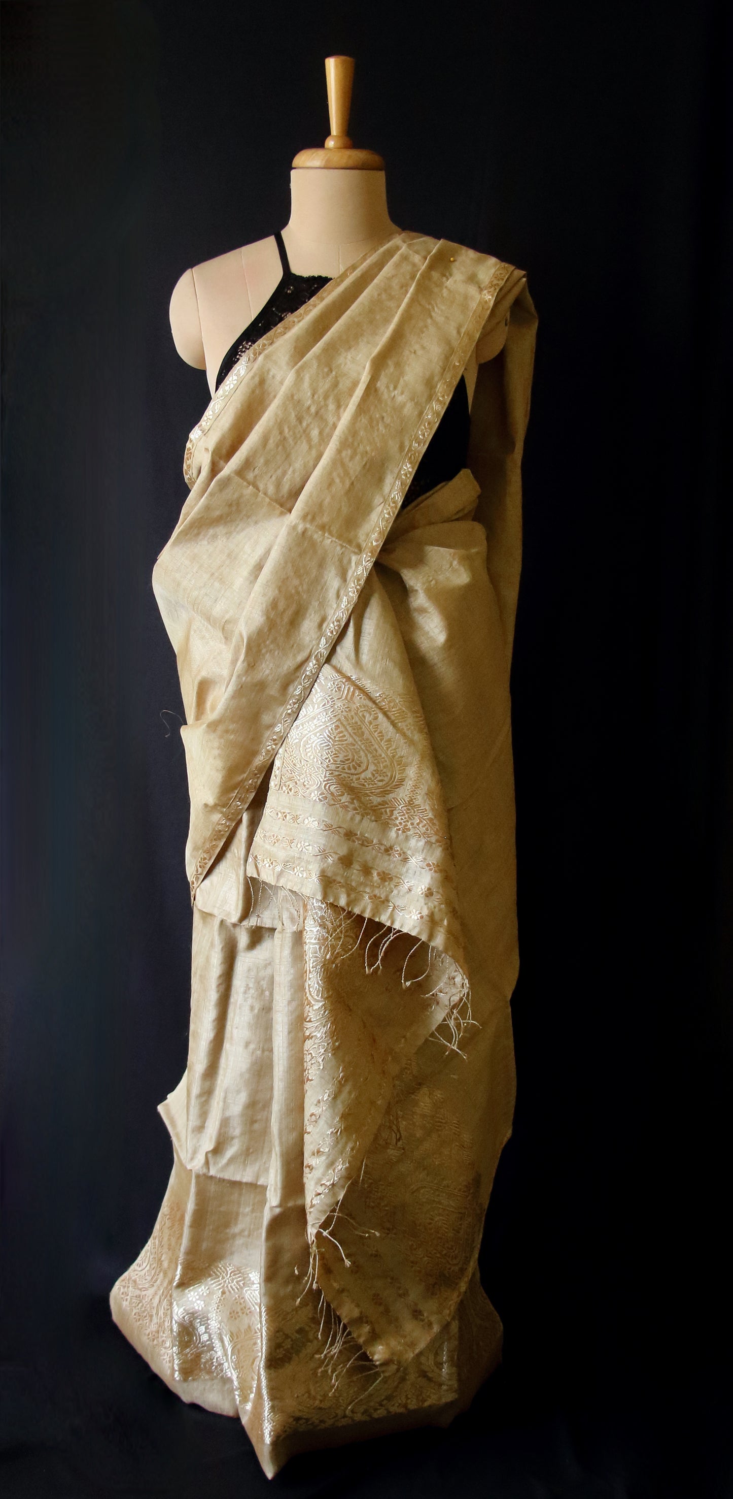 Authentic Muga Silk Mekhla Chador Set with Zari motifs from Assam