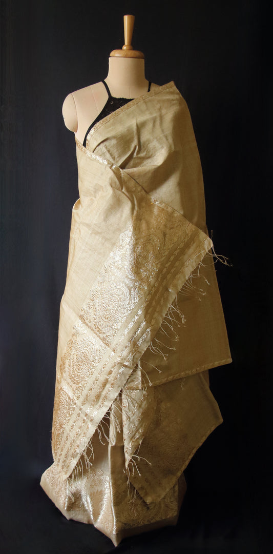 Authentic Muga Silk Mekhla Chador Set with Zari motifs from Assam