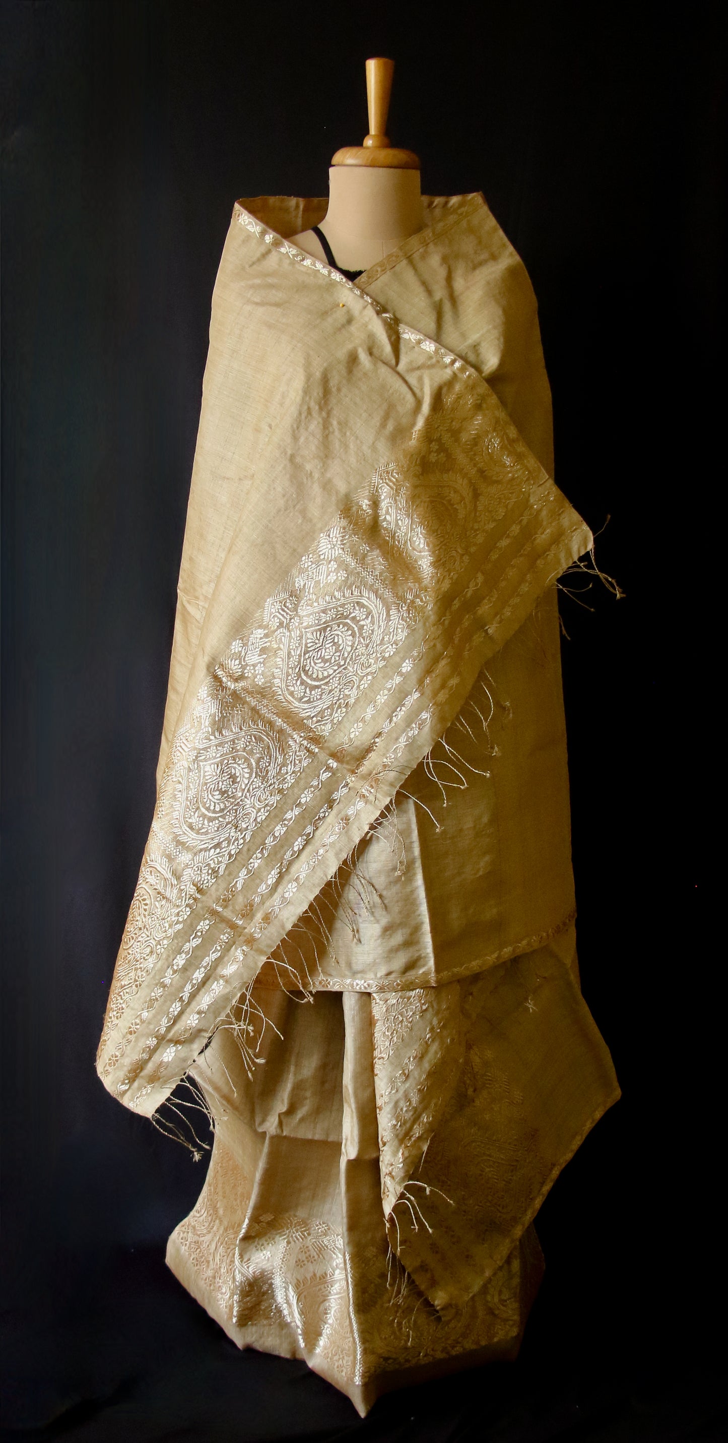 Authentic Muga Silk Mekhla Chador Set with Zari motifs from Assam