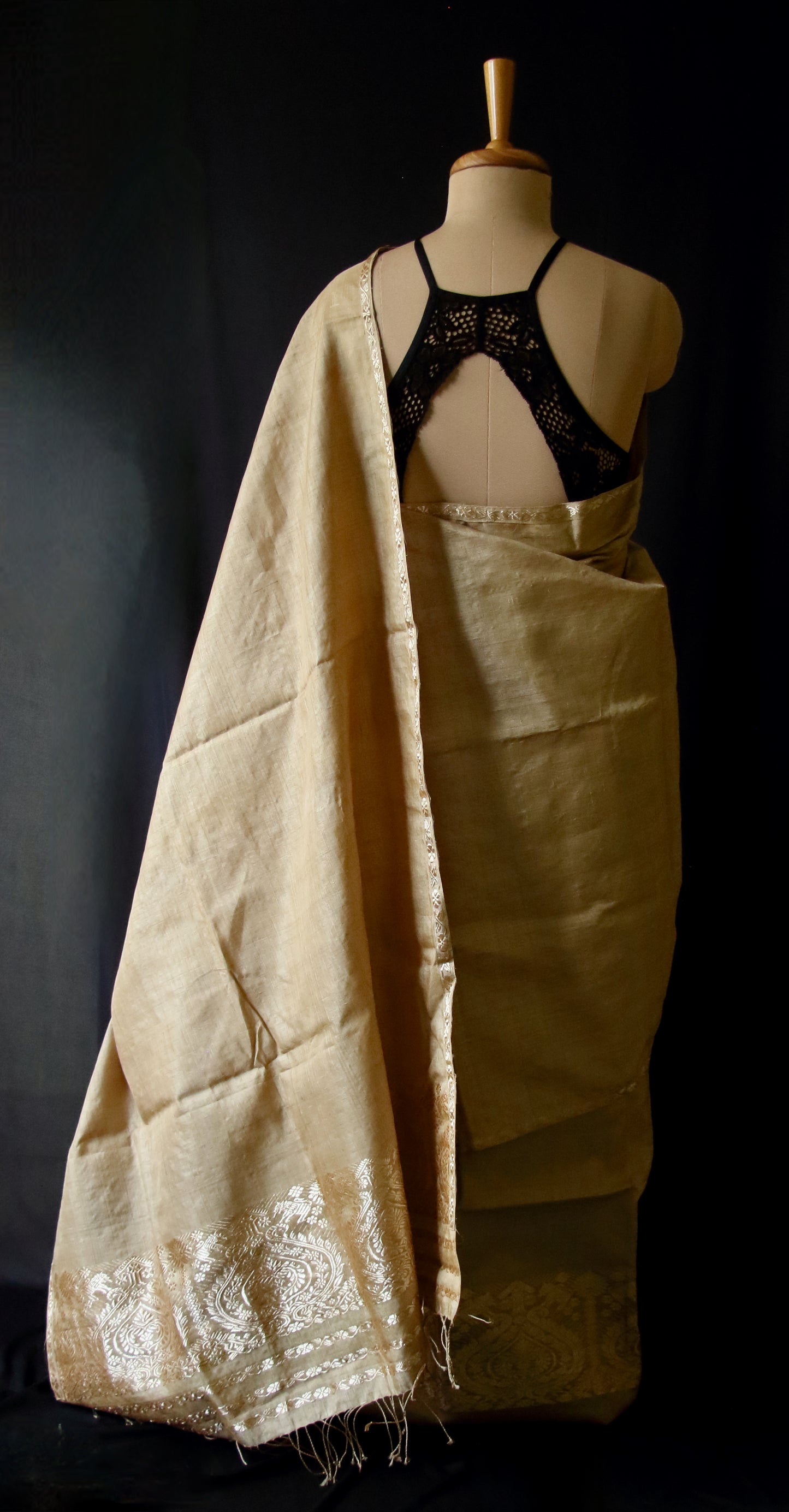 Authentic Muga Silk Mekhla Chador Set with Zari motifs from Assam