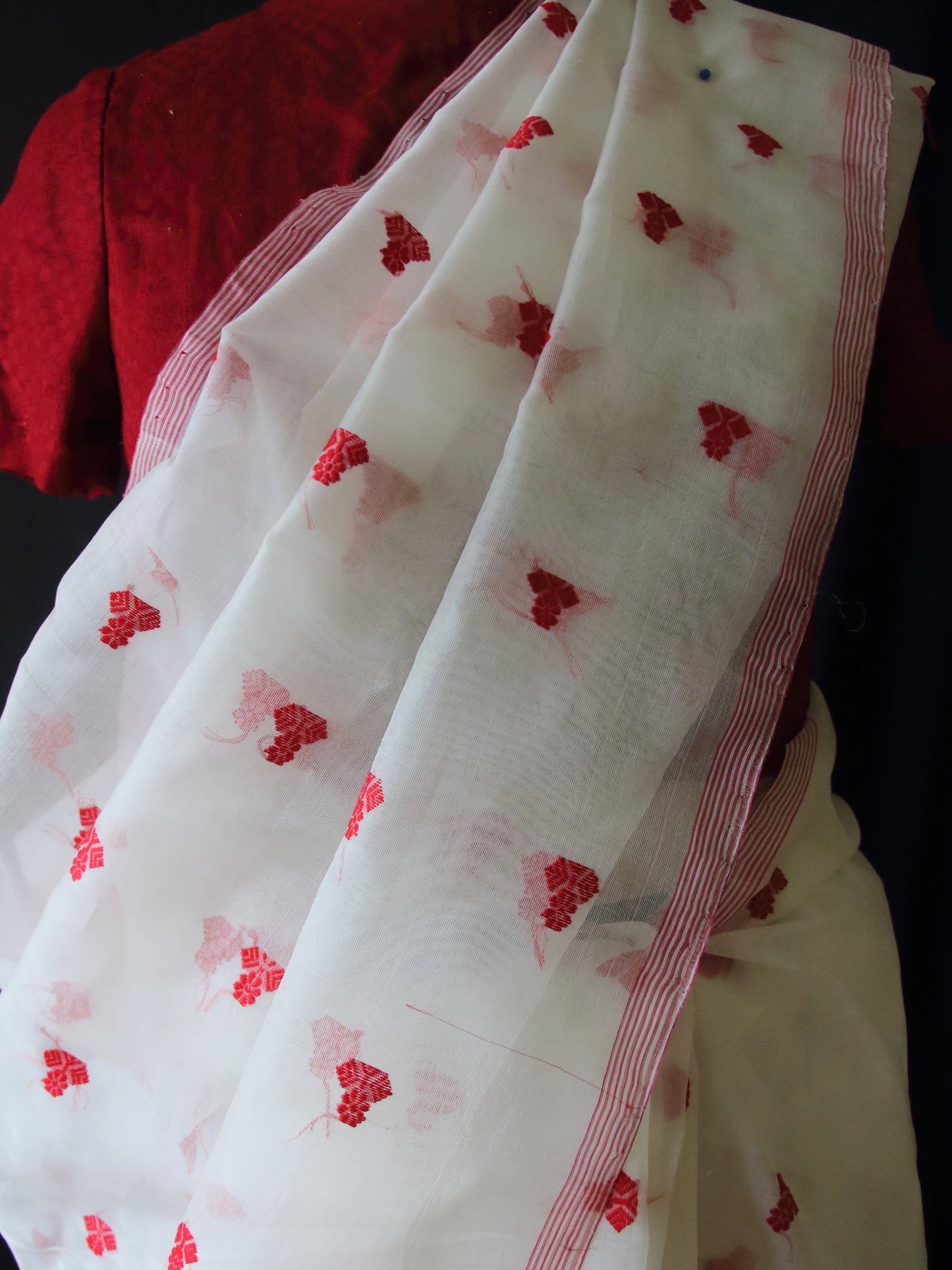 White Handloom Organza  Silk Sari From Assam