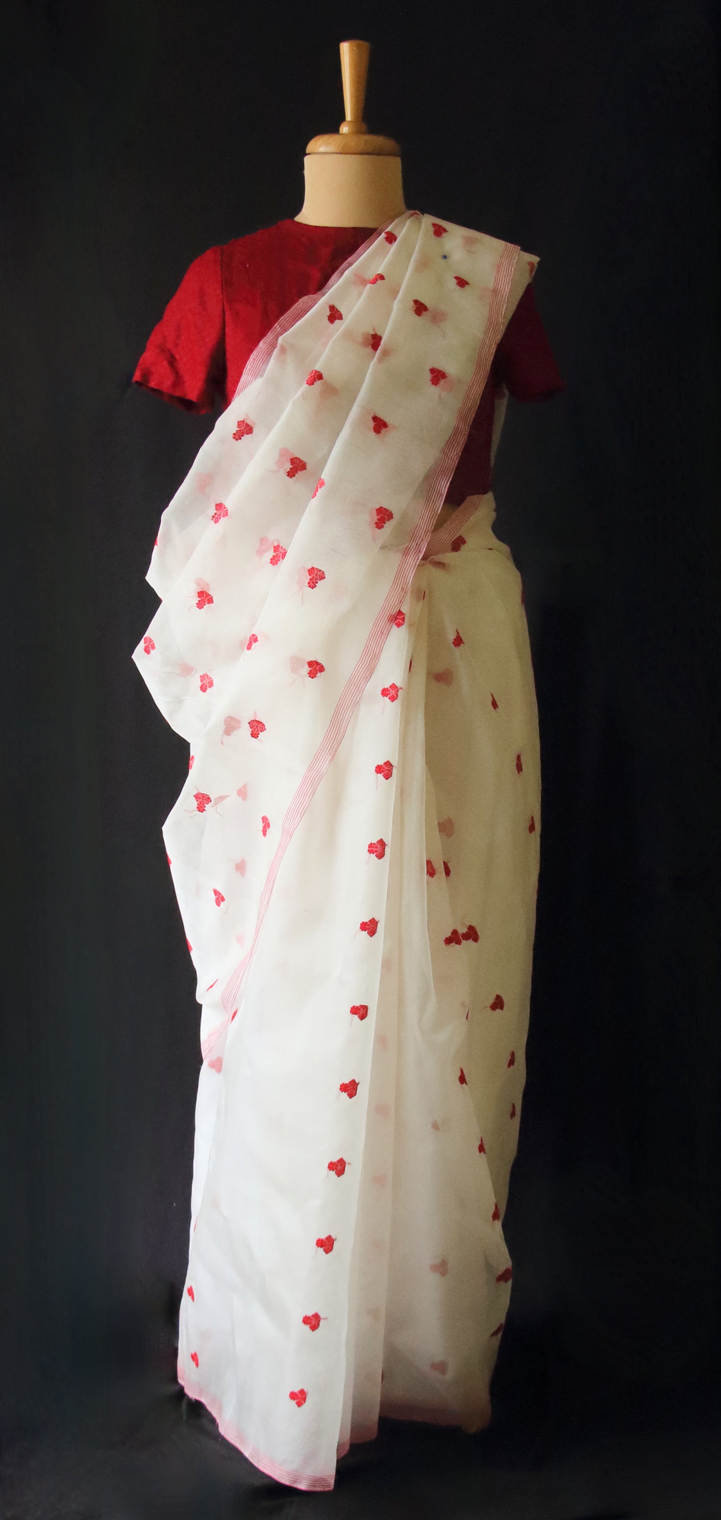 White Handloom Organza  Silk Sari From Assam