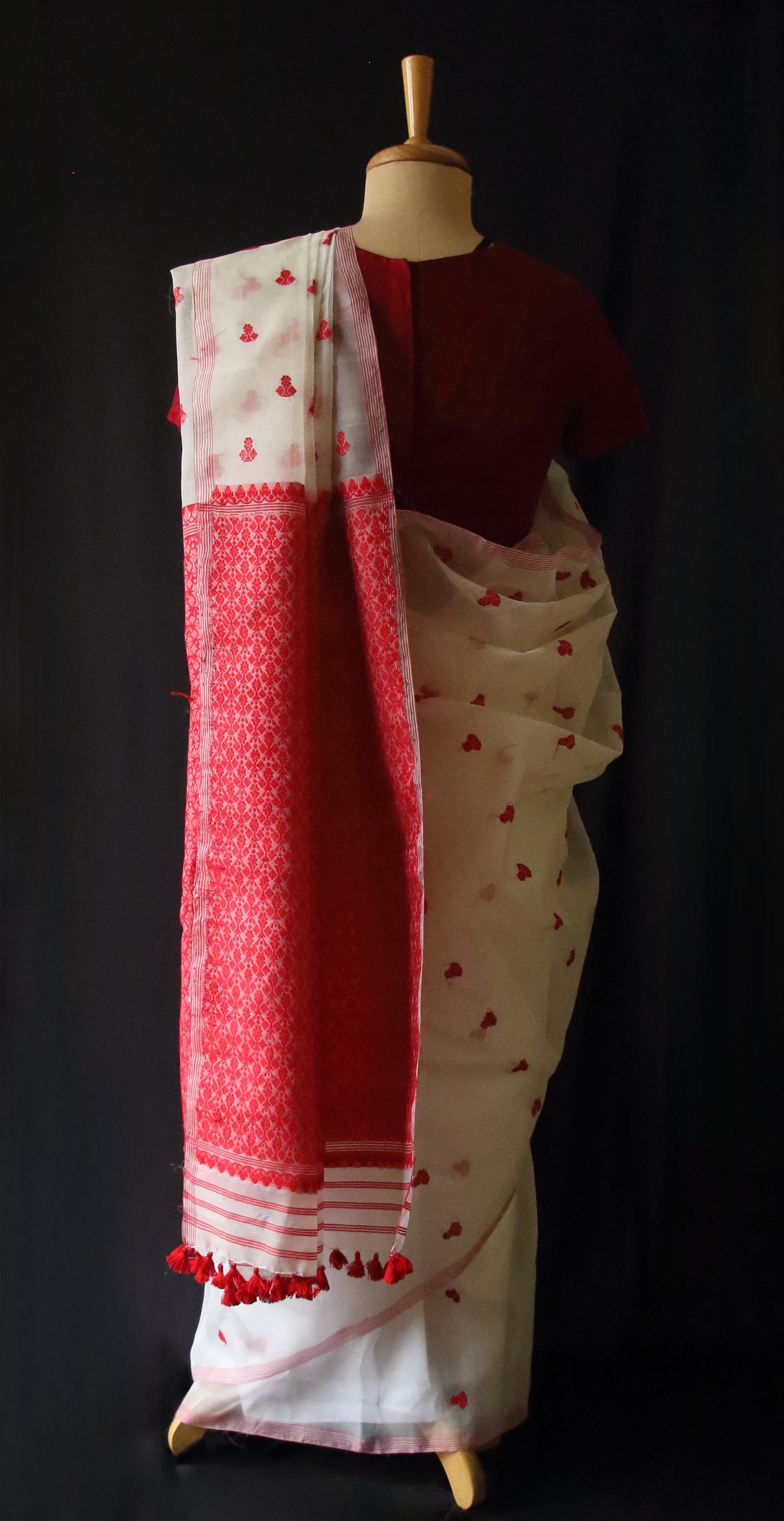 White Handloom Organza  Silk Sari From Assam