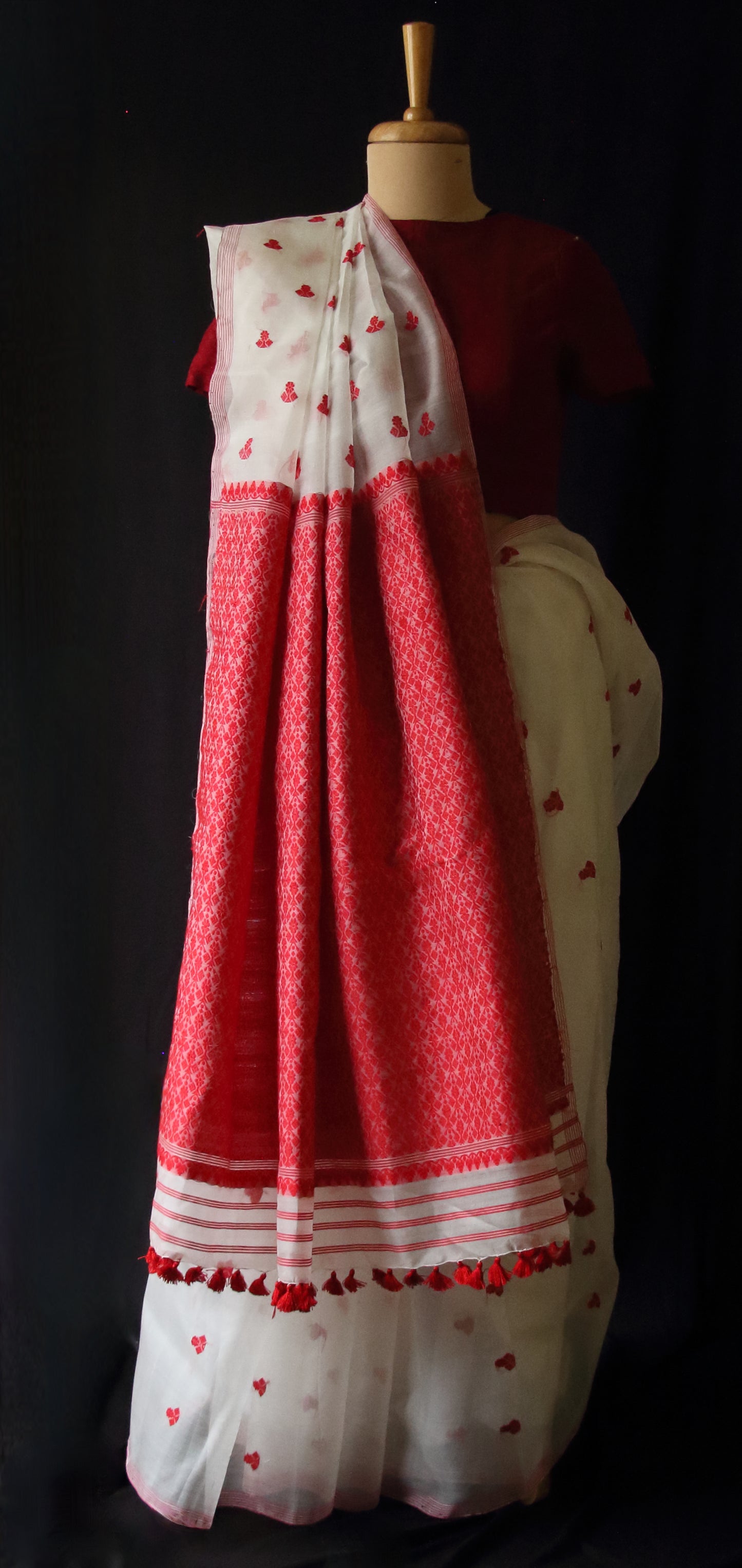 White Handloom Organza  Silk Sari From Assam