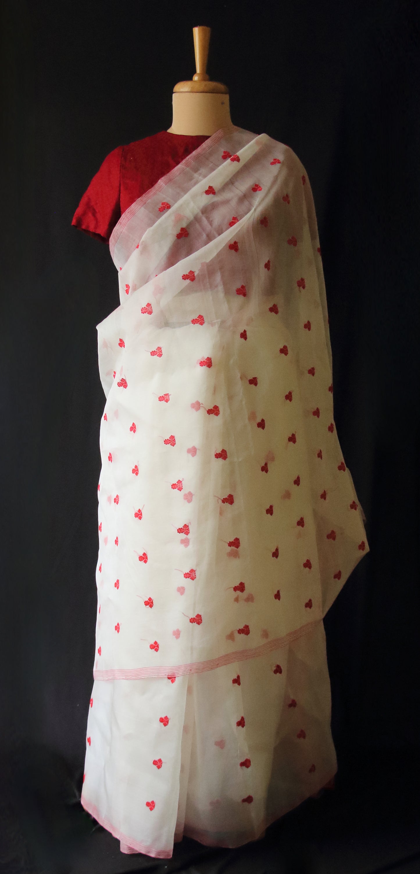 White Handloom Organza  Silk Sari From Assam