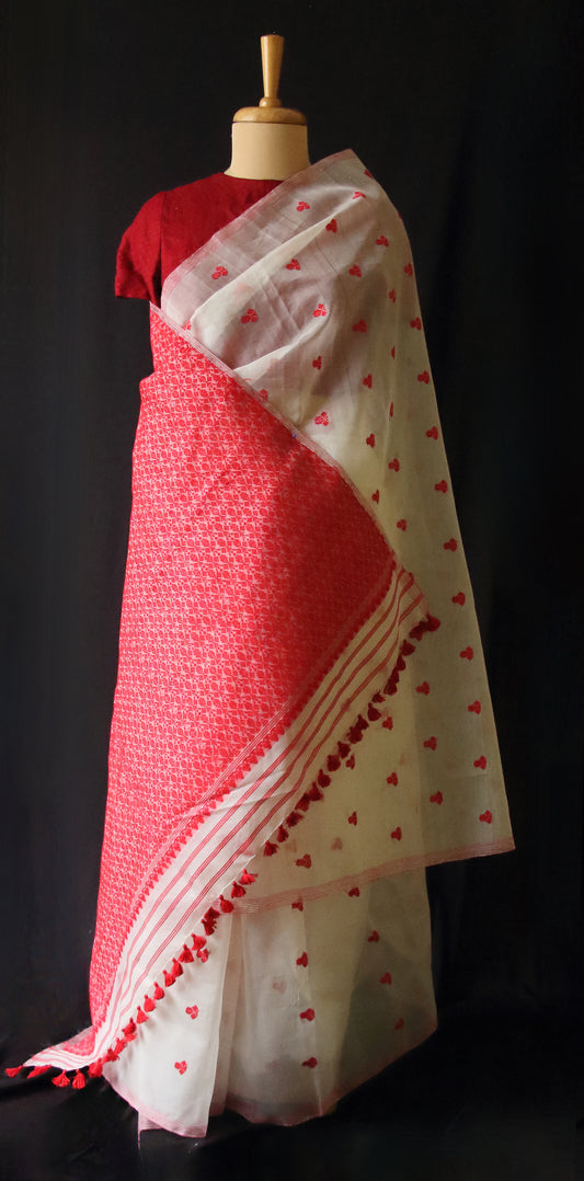 White Handloom Organza  Silk Sari From Assam