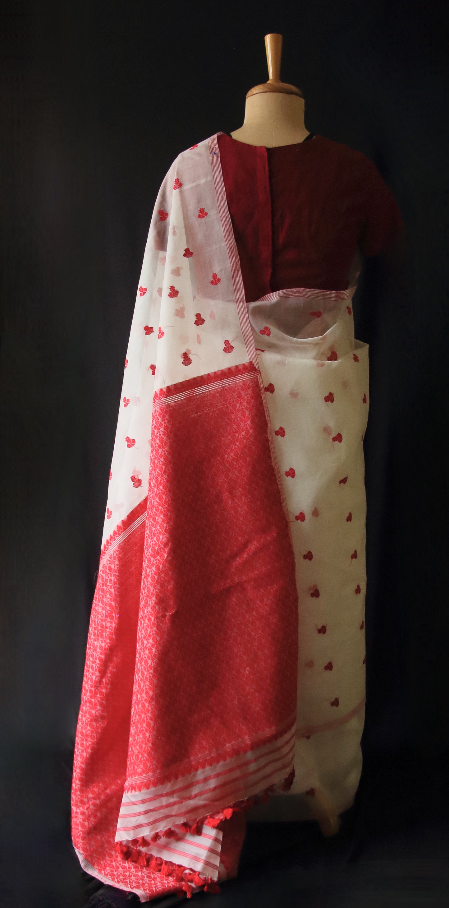 White Handloom Organza  Silk Sari From Assam