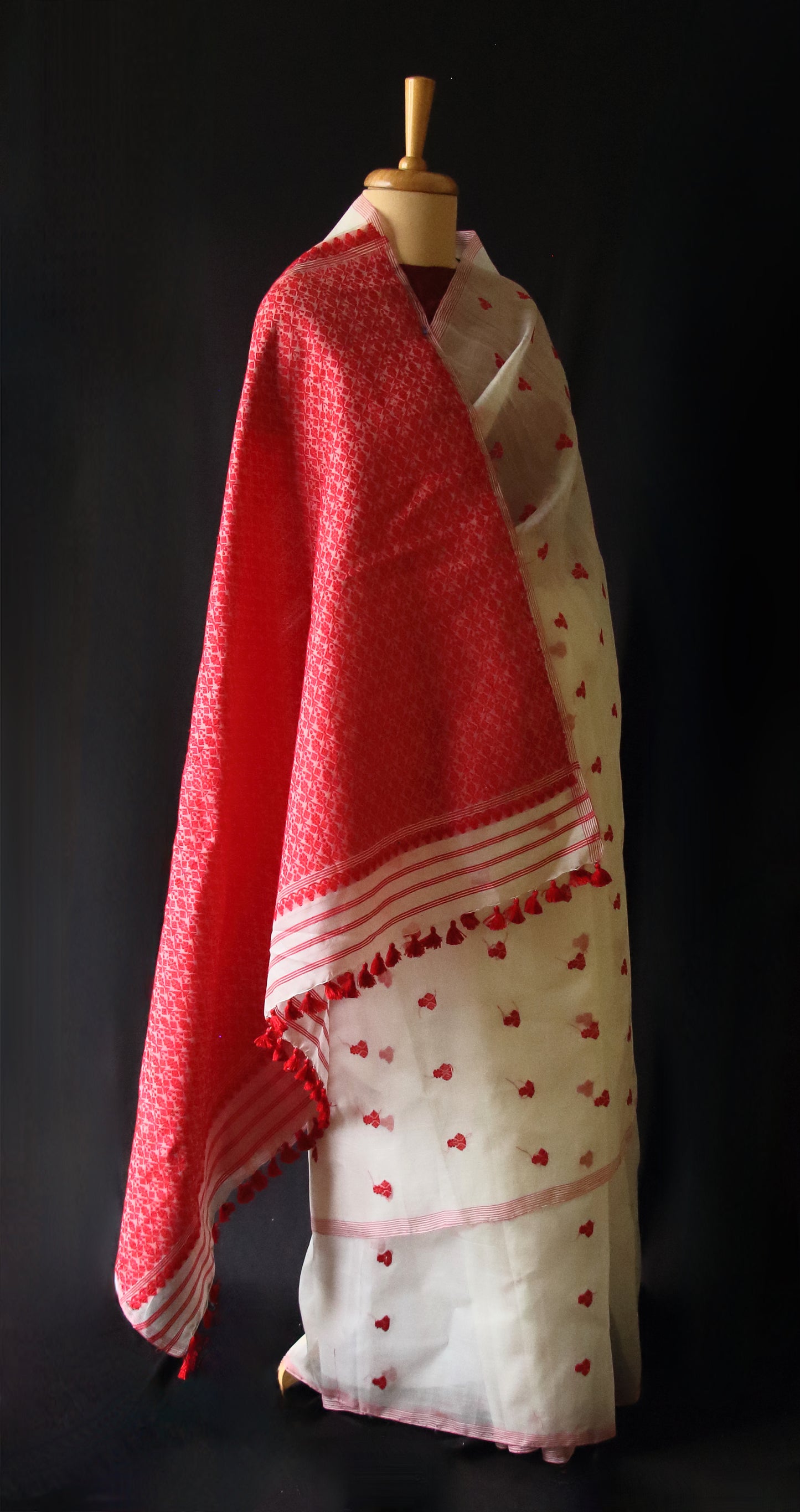 White Handloom Organza  Silk Sari From Assam