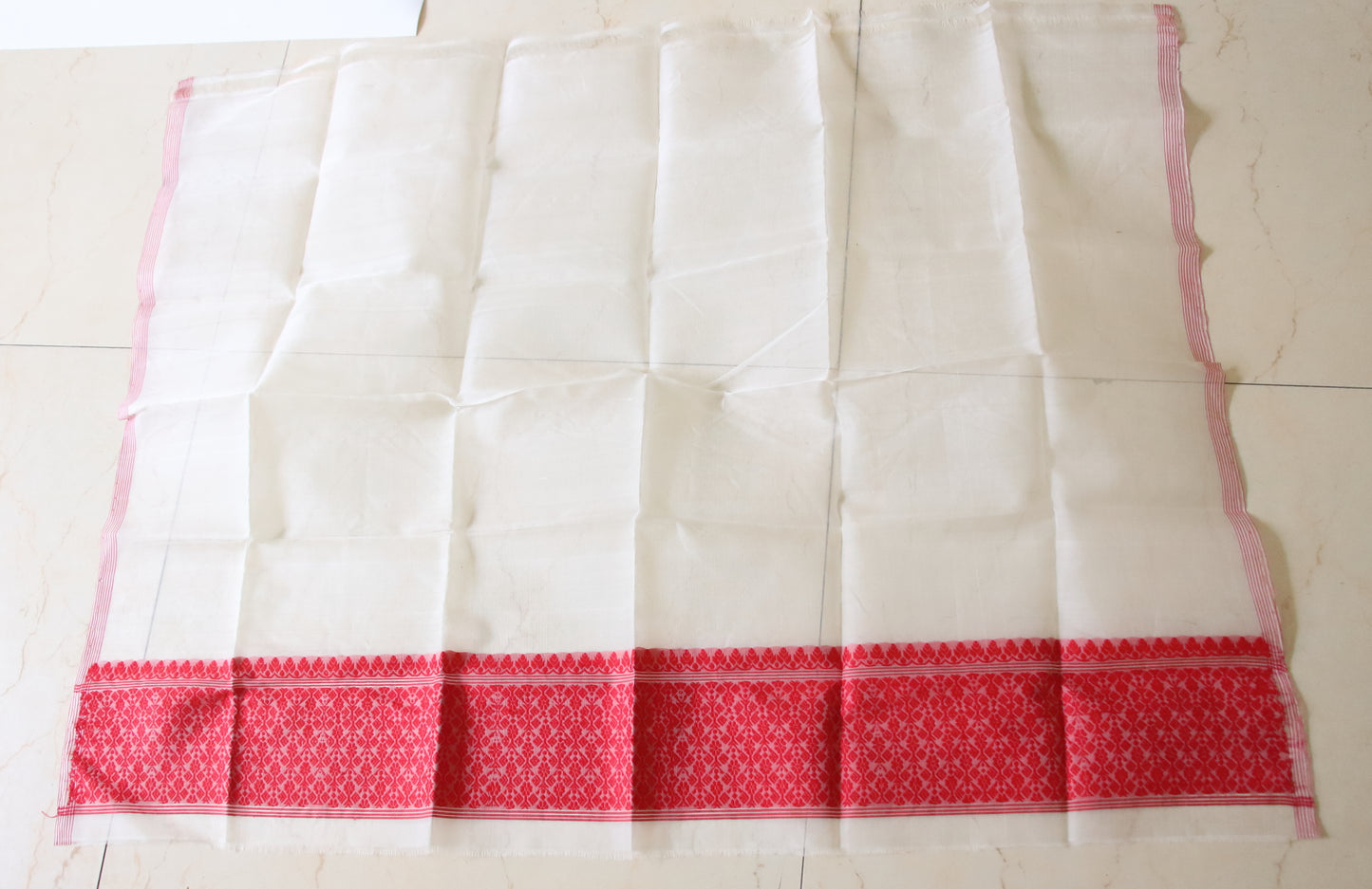 White Handloom Organza  Silk Sari From Assam