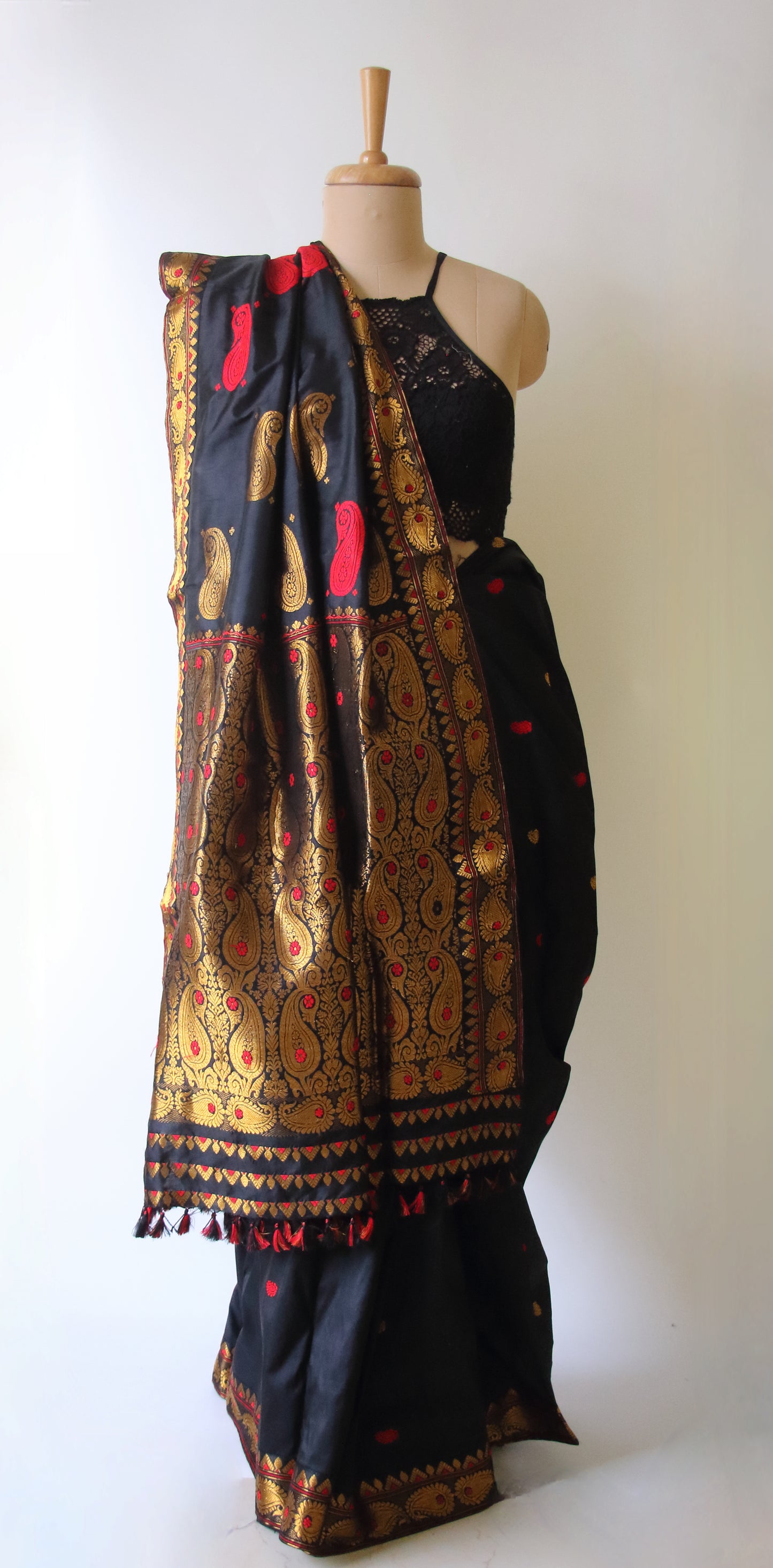 Black Colour Handloom Mulberry Silk Saree from Assam