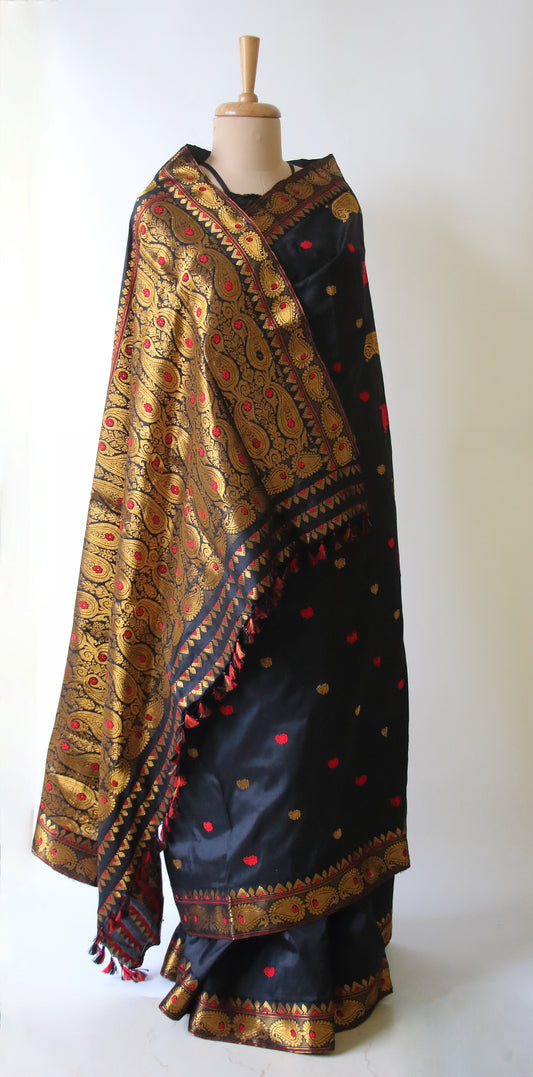 Black Colour Handloom Mulberry Silk Saree from Assam