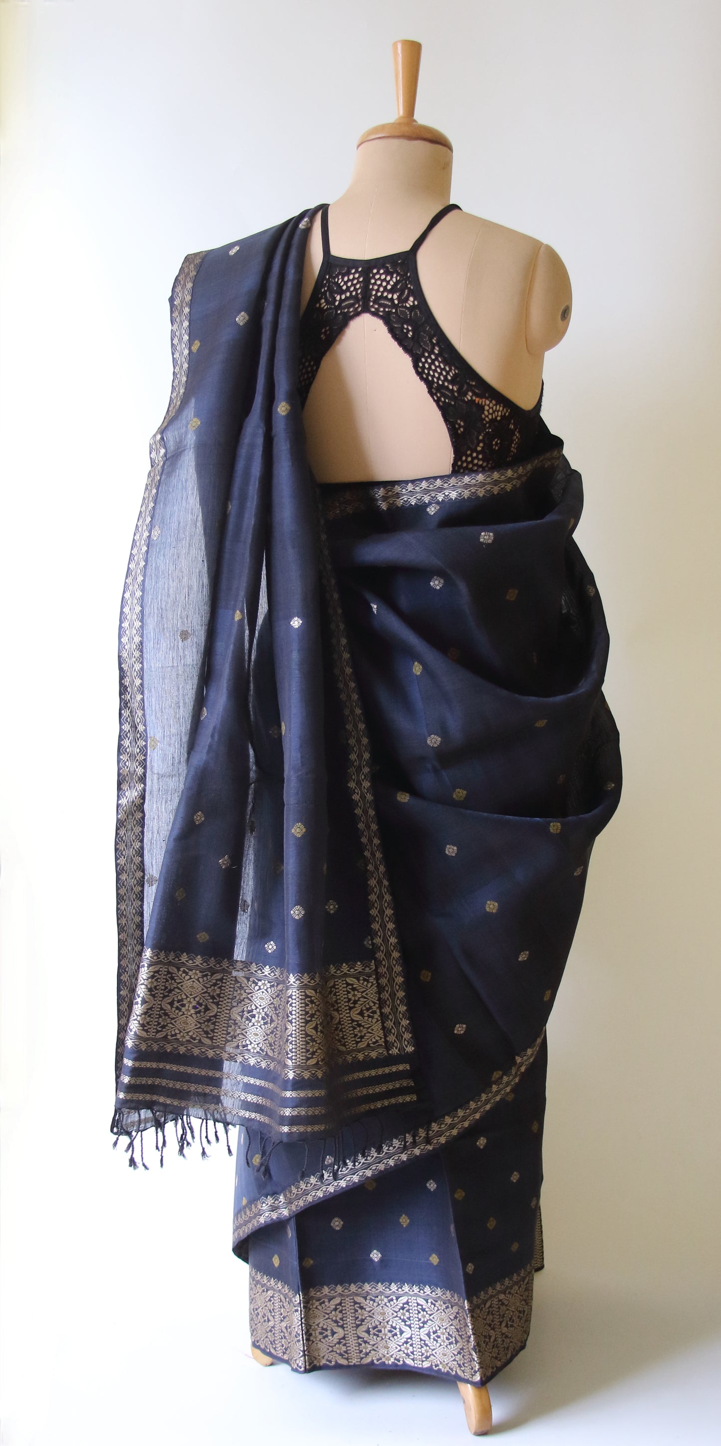 Natural Dyed Deep Navy Cotton Silk  Mekhela Chador Set