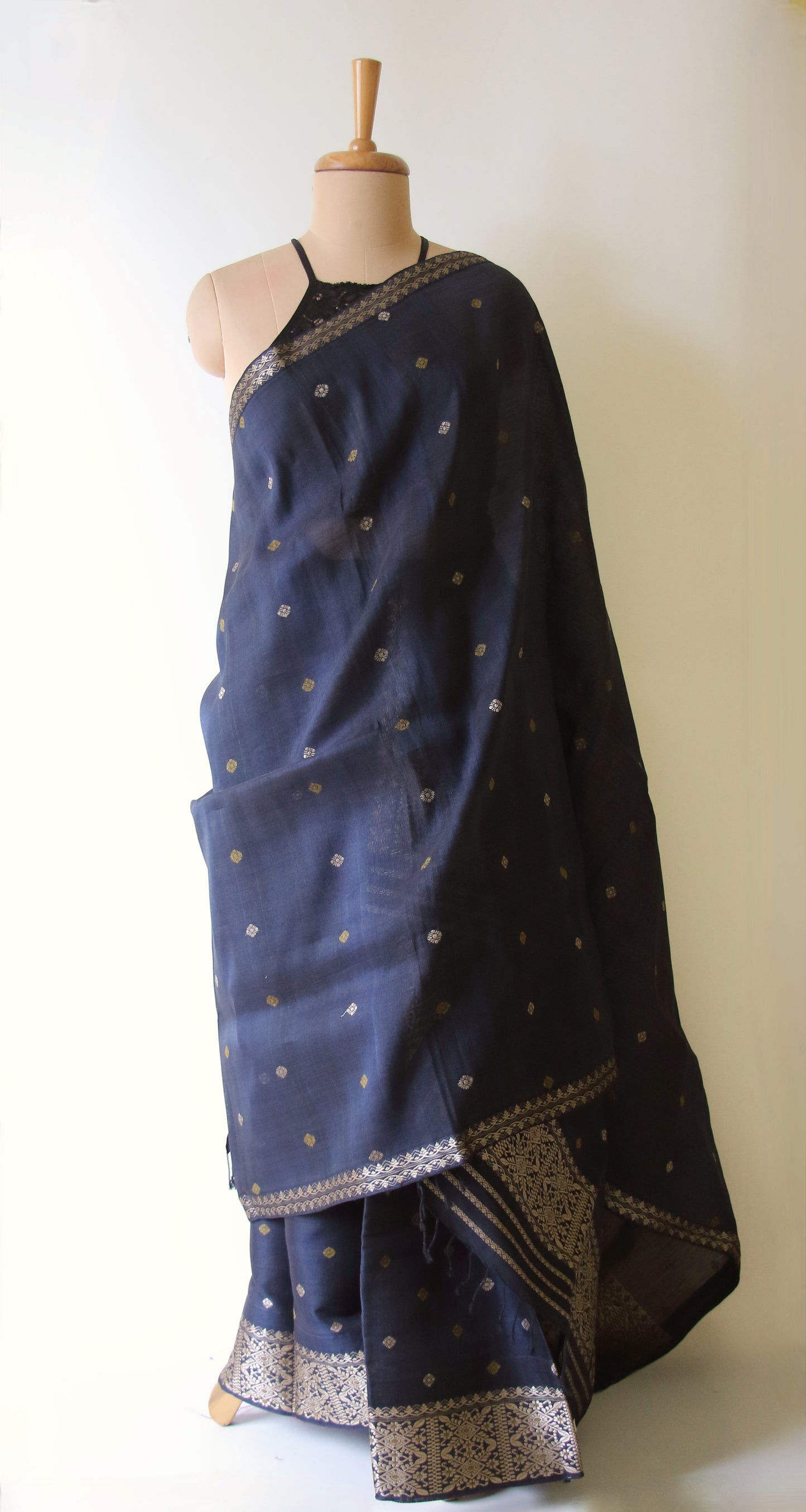 Natural Dyed Deep Navy Cotton Silk  Mekhela Chador Set