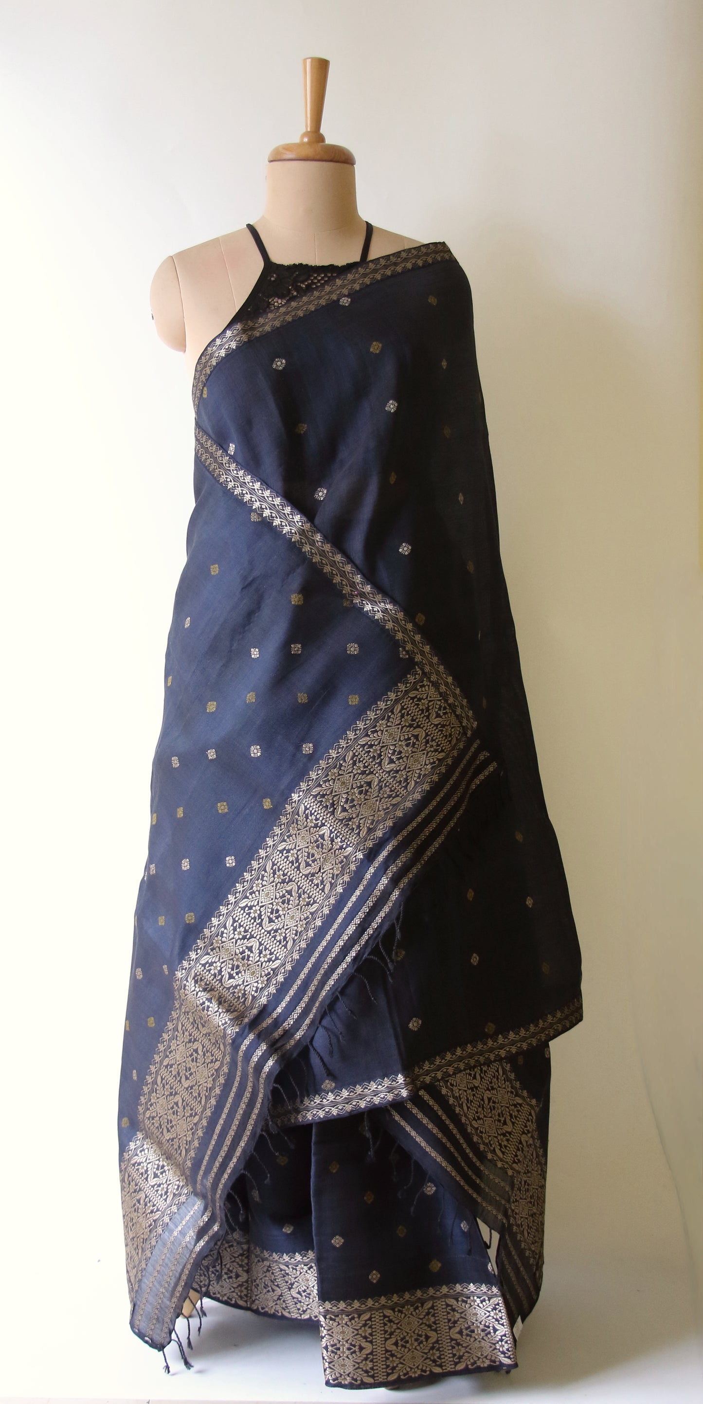Natural Dyed Deep Navy Cotton Silk  Mekhela Chador Set