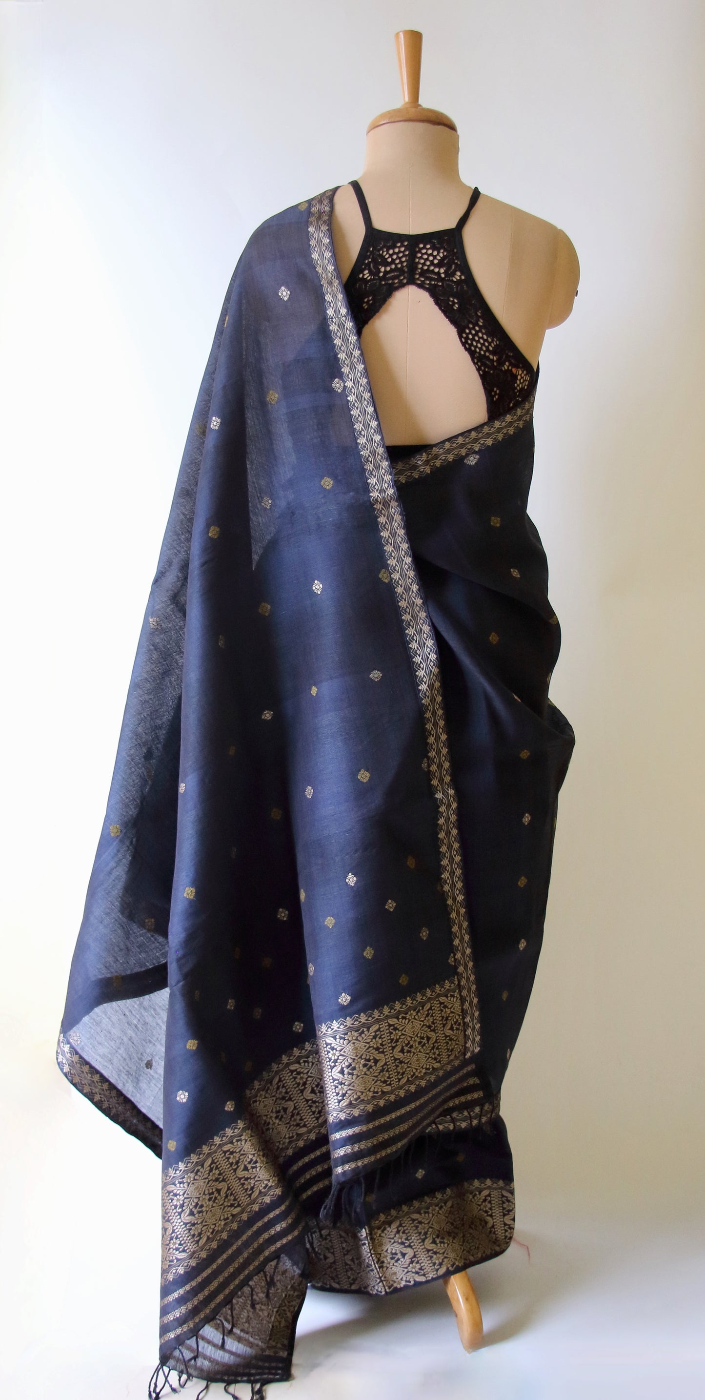 Natural Dyed Deep Navy Cotton Silk  Mekhela Chador Set