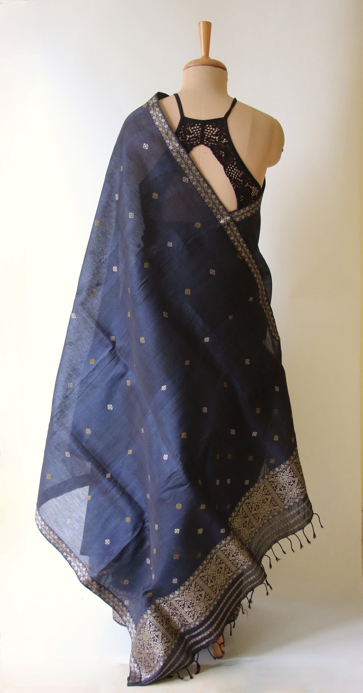 Natural Dyed Deep Navy Cotton Silk  Mekhela Chador Set