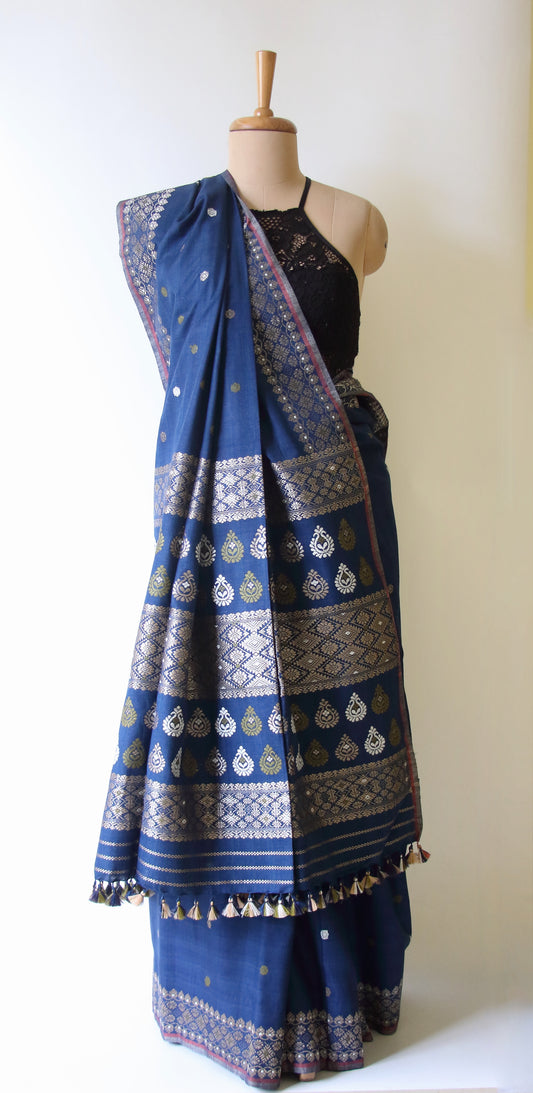 Natural Dyed Indigo Handloom Eri Silk  Sari from Assam