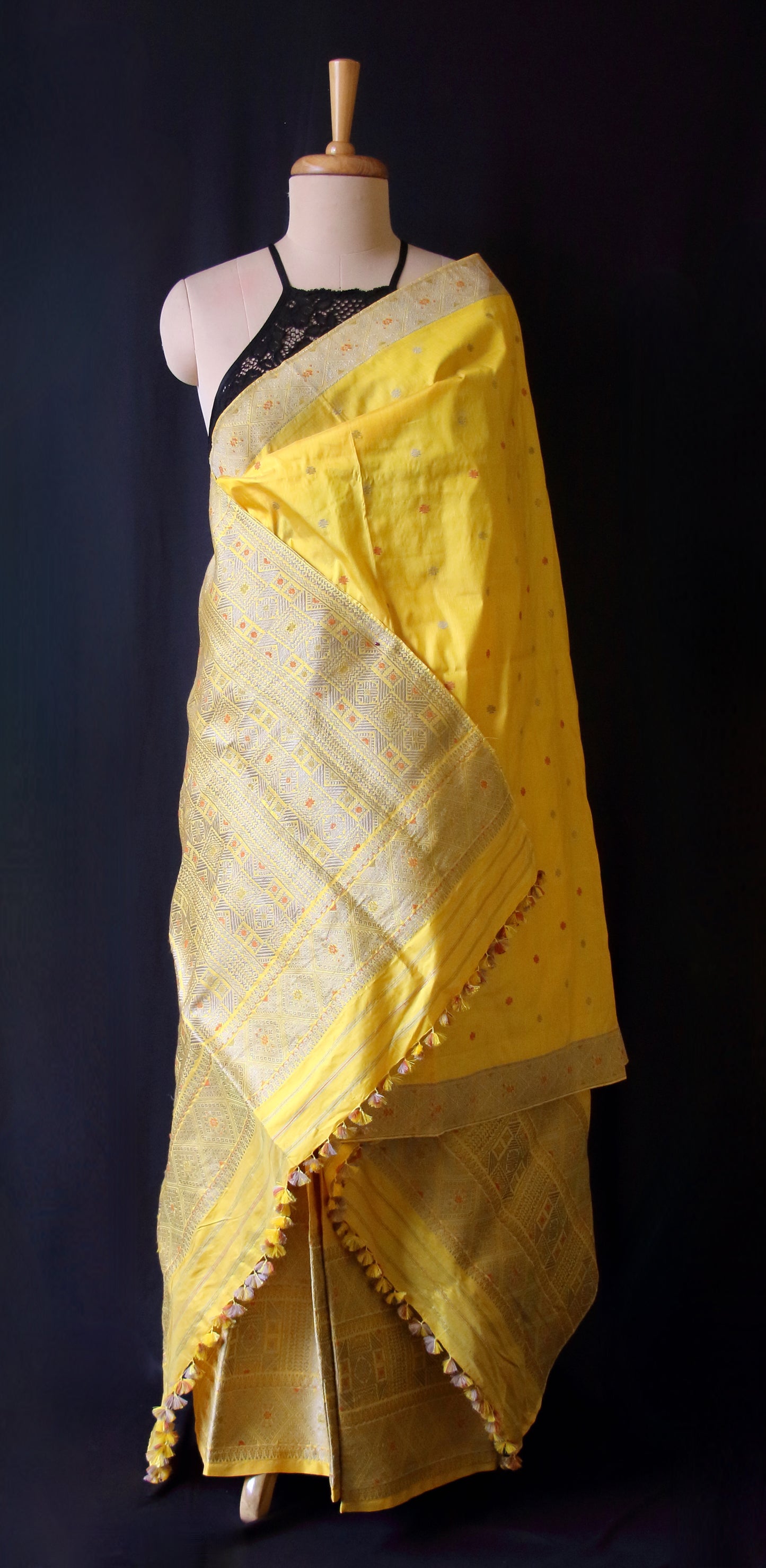 Yellow Natural Dyed  Mulberry Silk Traditional Mekhla Chador Set