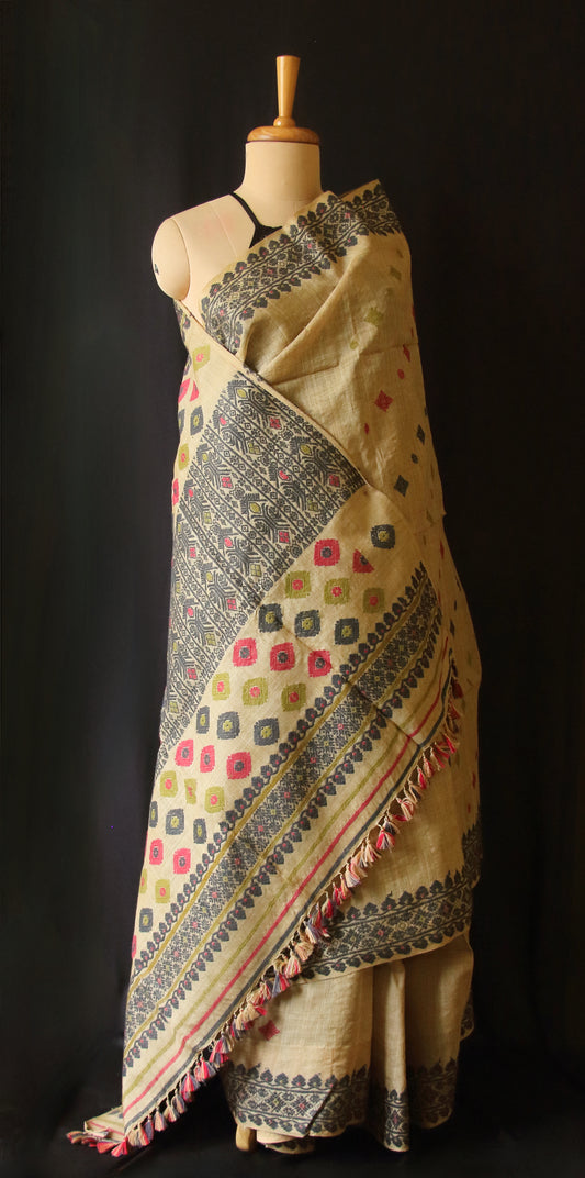 Muga Silk Saree with natural dyed Eri Silk  motifs from Assam