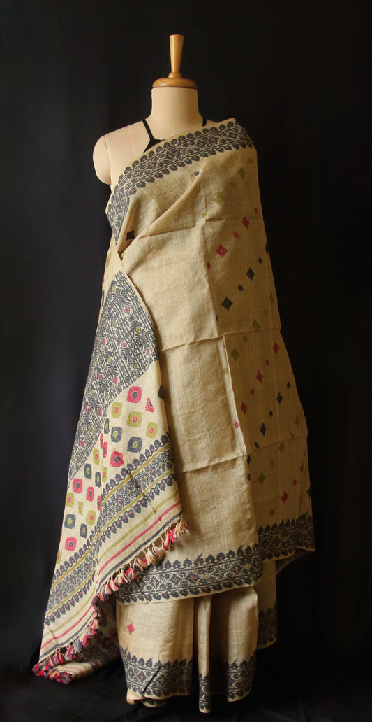 Muga Silk Saree with natural dyed Eri Silk  motifs from Assam