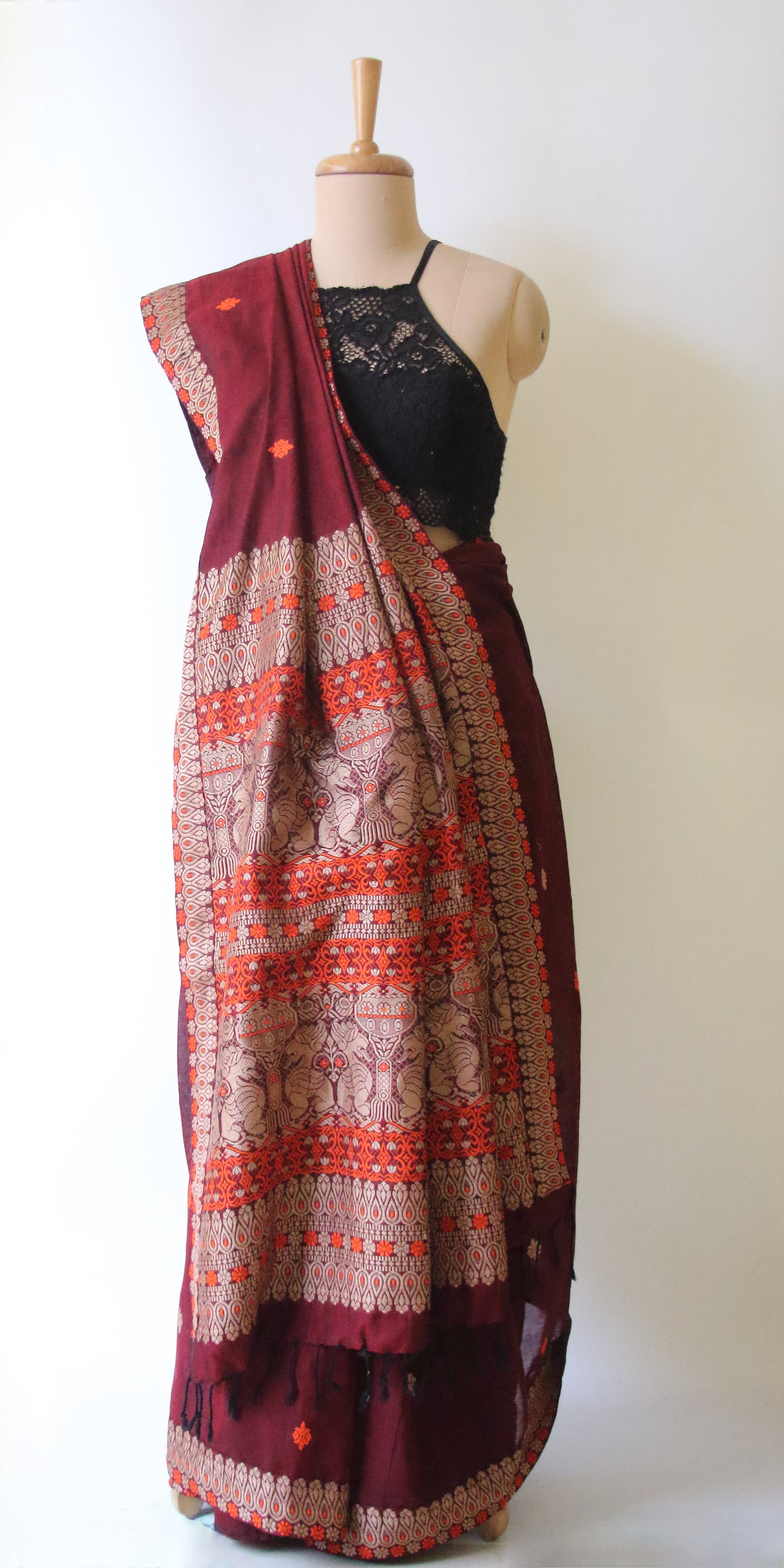 Maroon Handloom Cotton Saree from Assam
