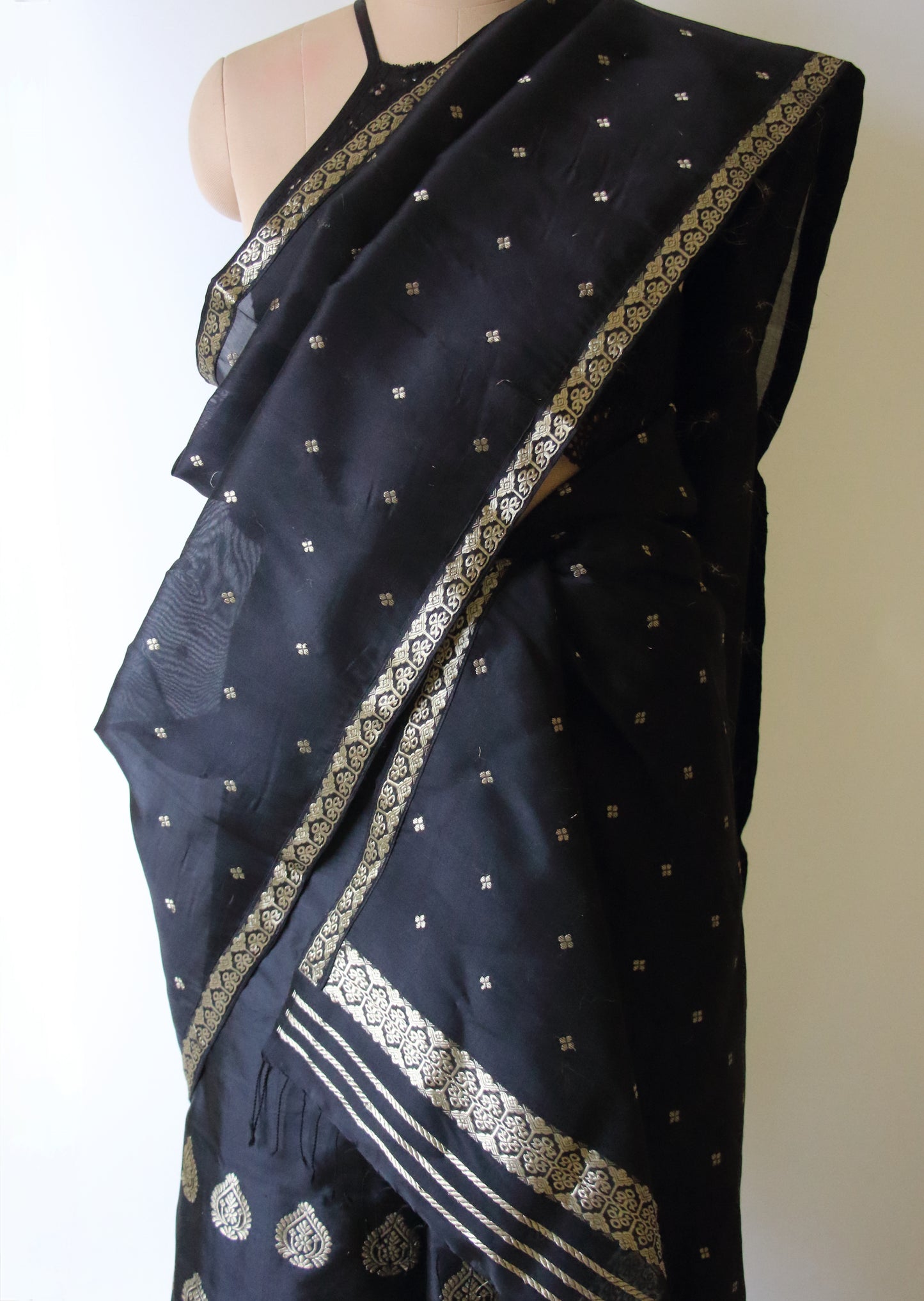Black Handloom Mulberry Silk Mekhla Chador Set from Assam , India