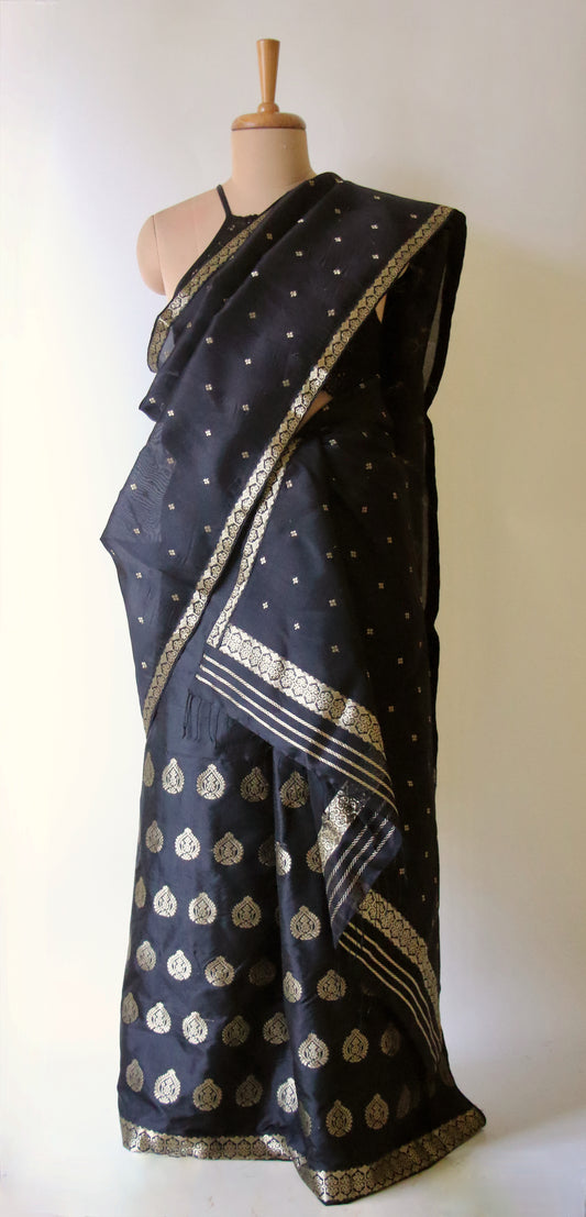 Black Handloom Mulberry Silk Mekhla Chador Set from Assam , India