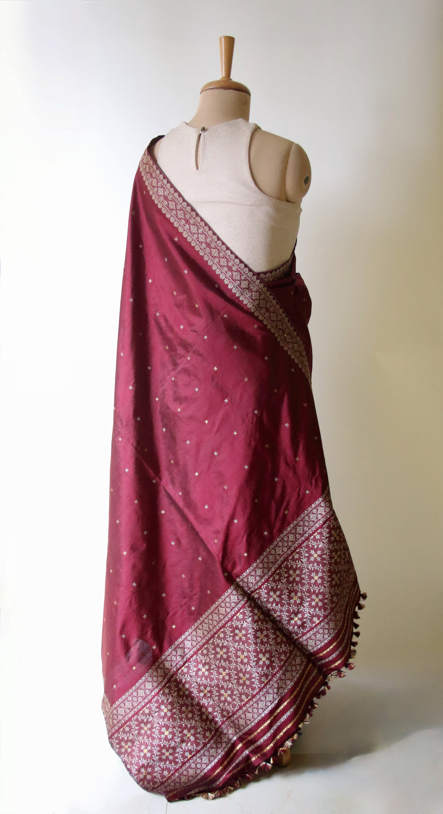 Maroon Natural Dyed  Mulberry Silk Traditional Mekhla Chador Set