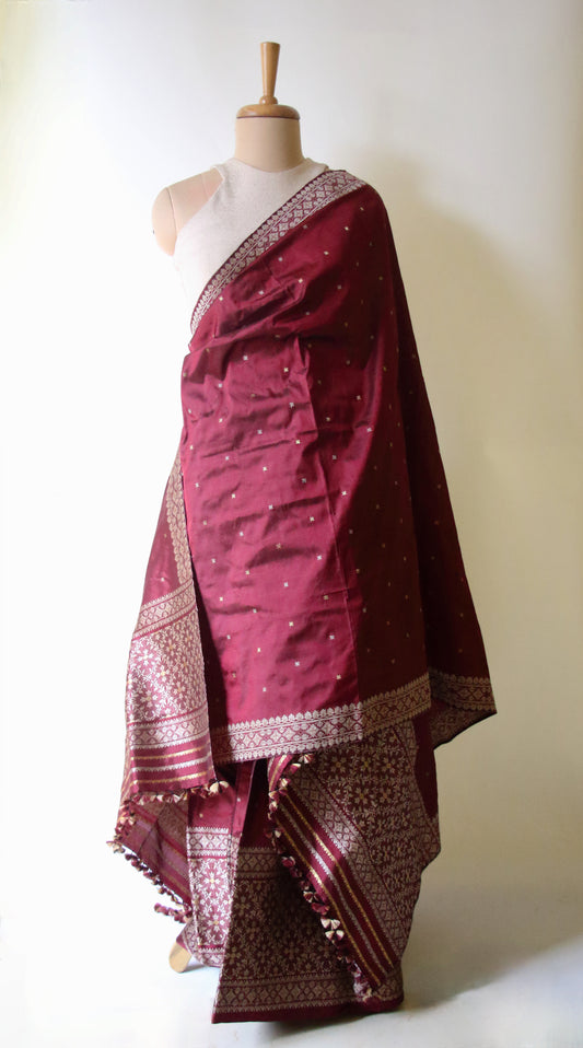 Maroon Natural Dyed  Mulberry Silk Traditional Mekhla Chador Set