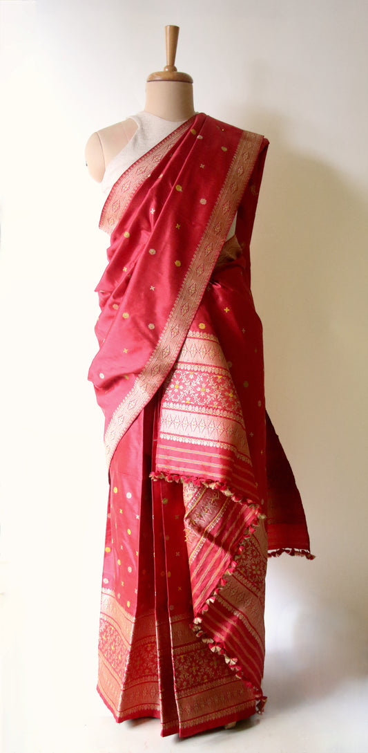 Red Natural Dyed  Mulberry Silk Traditional Mekhla Chador Set