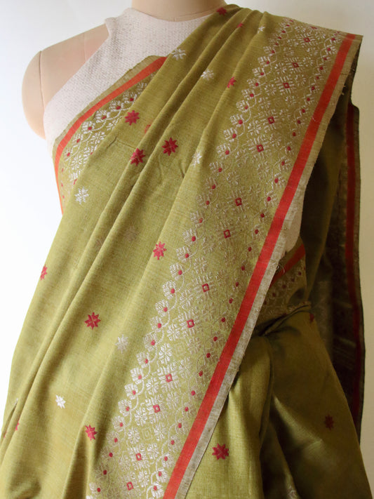 Natural Dyed Green Handloom Eri Silk  Sari from Assam