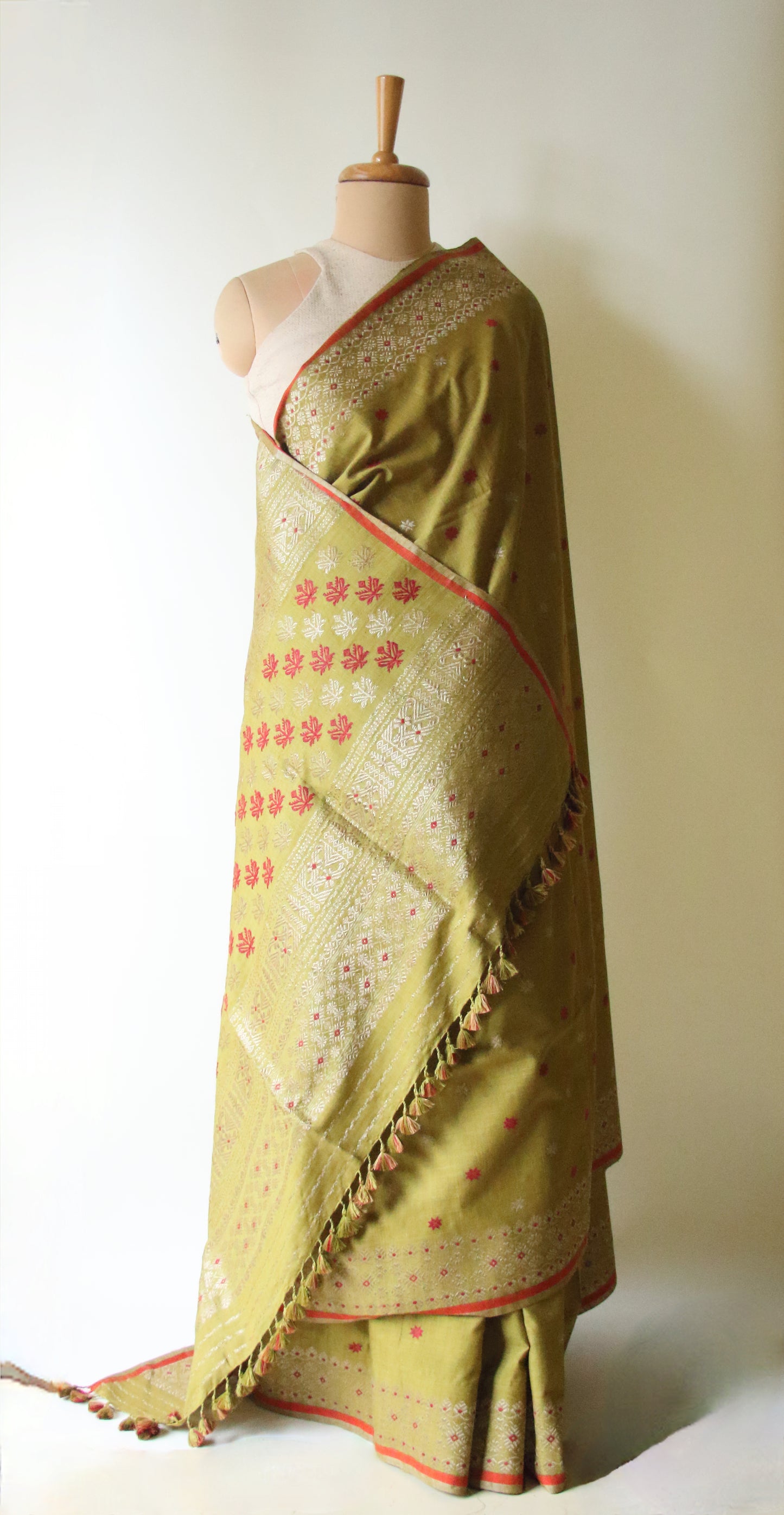 Natural Dyed Green Handloom Eri Silk  Sari from Assam