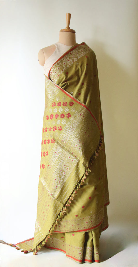 Natural Dyed Green Handloom Eri Silk  Sari from Assam