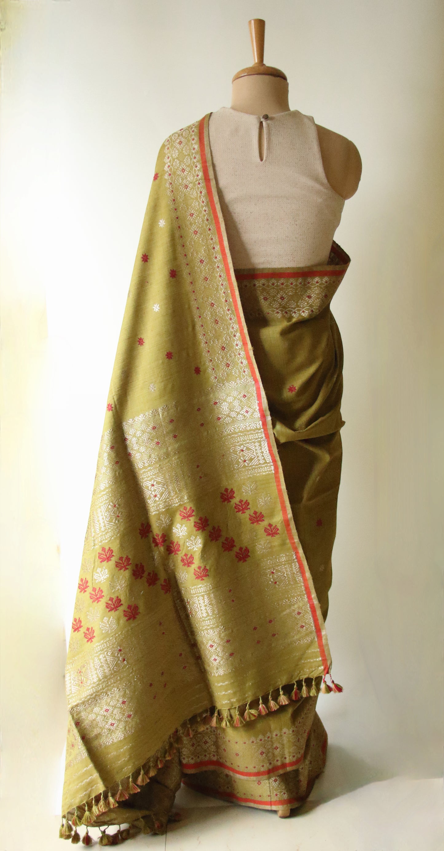 Natural Dyed Green Handloom Eri Silk  Sari from Assam