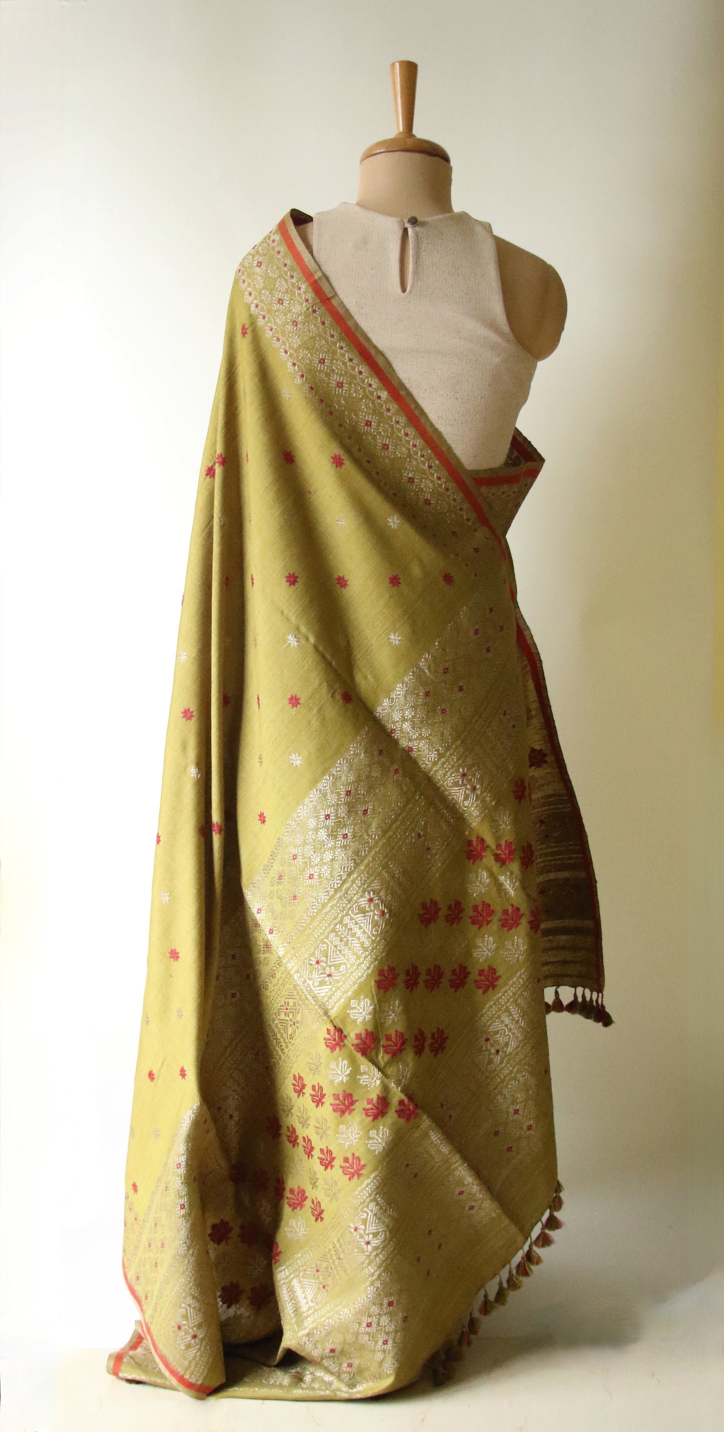 Natural Dyed Green Handloom Eri Silk  Sari from Assam