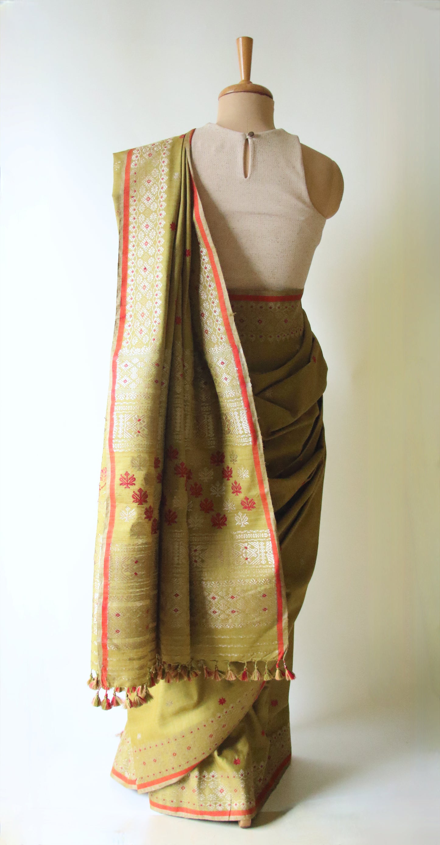 Natural Dyed Green Handloom Eri Silk  Sari from Assam