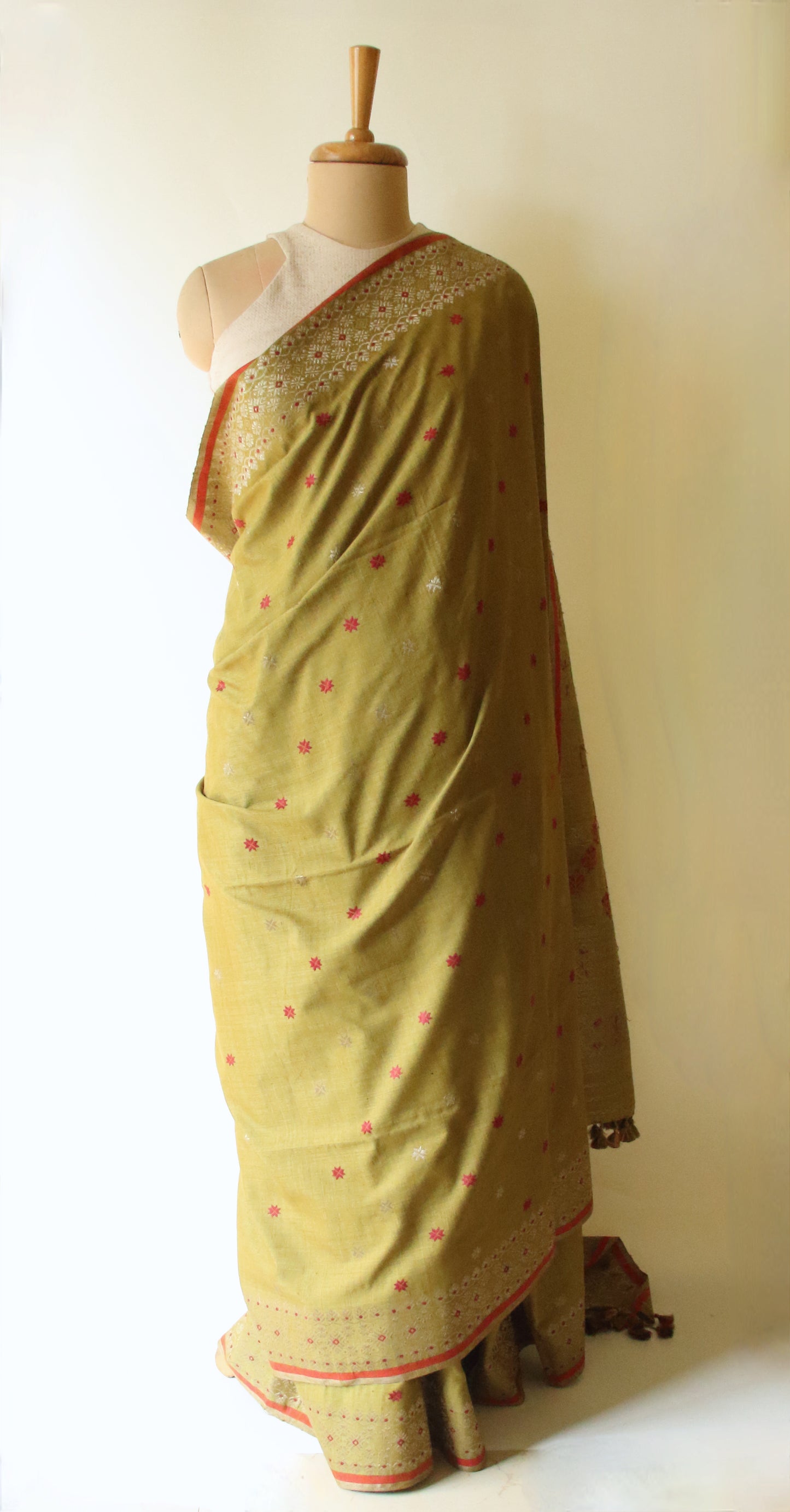 Natural Dyed Green Handloom Eri Silk  Sari from Assam